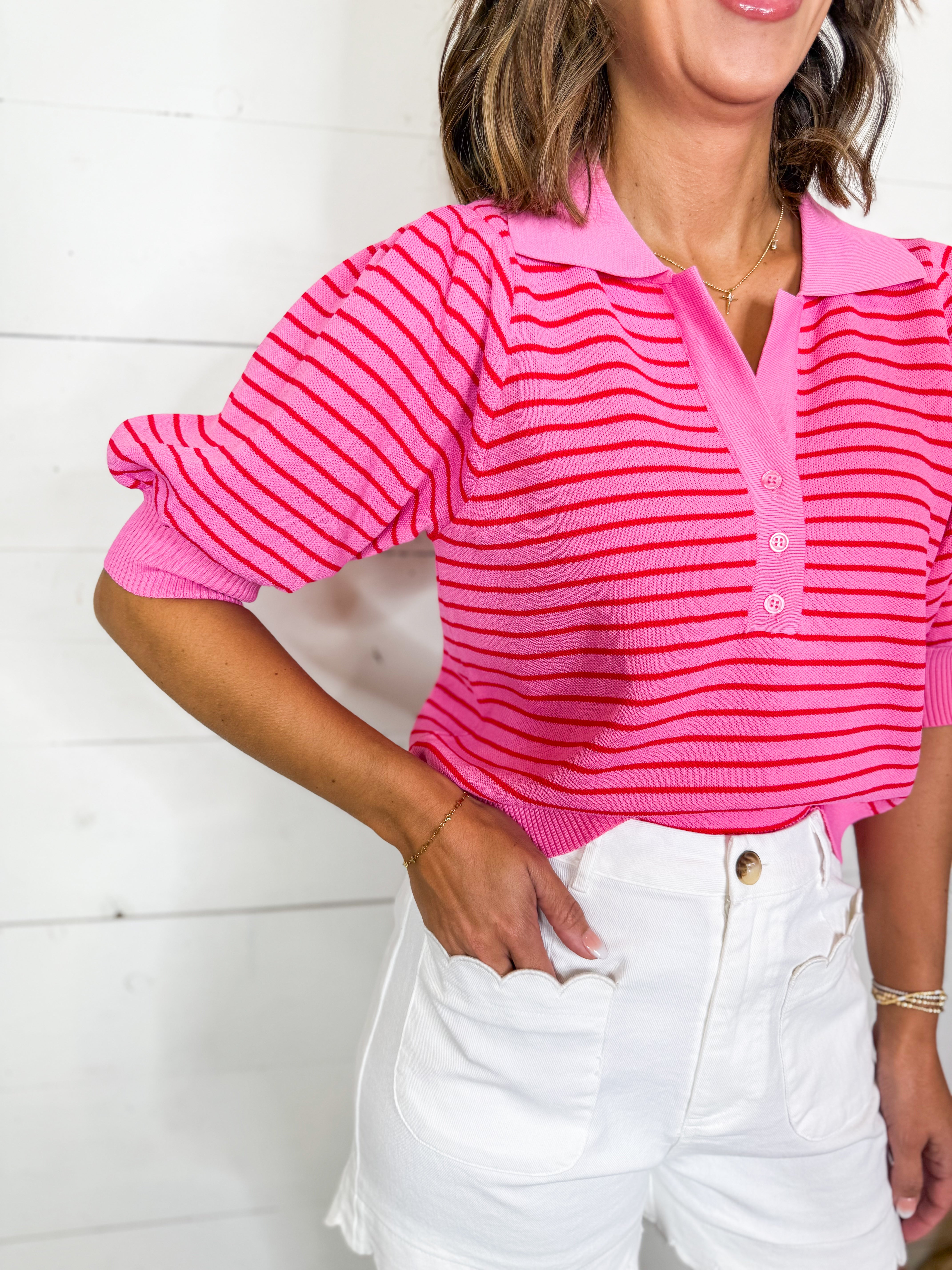 Pink Stripe Puff Short Sleeve Knit Top