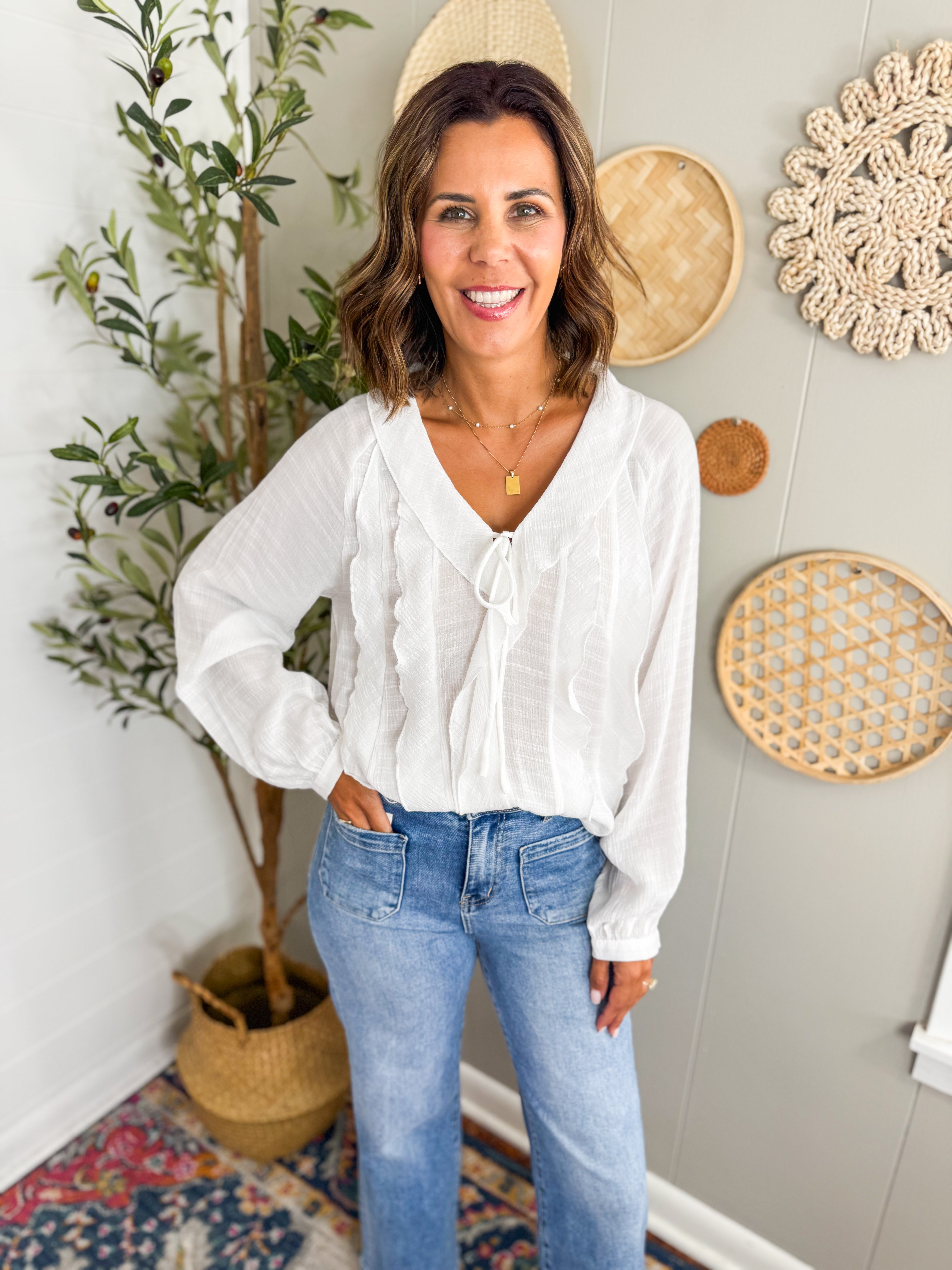 V-Neck Ruffle Front White Blouse