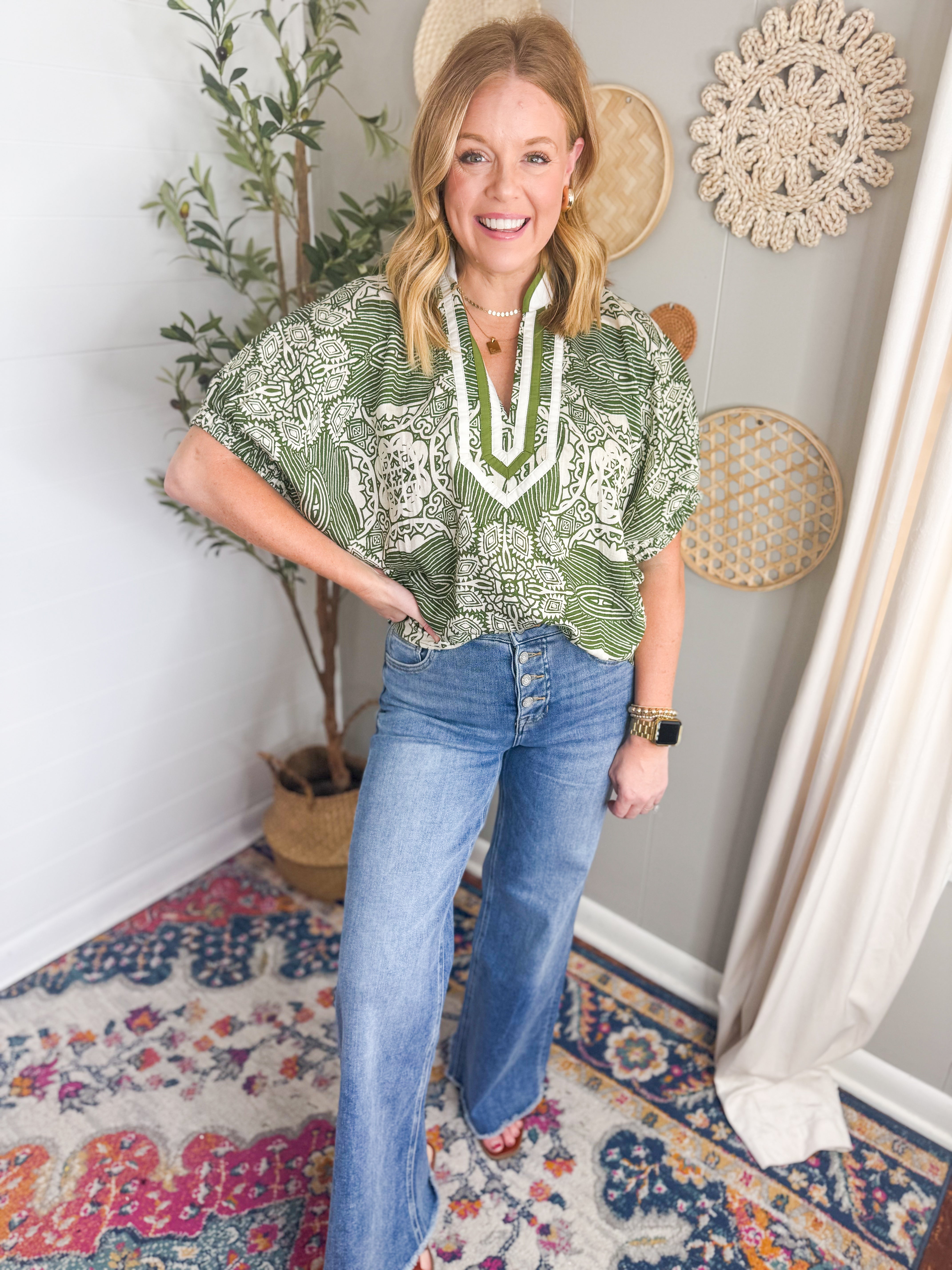 Short Dolman Sleeve Mixed Pattern Top / Olive