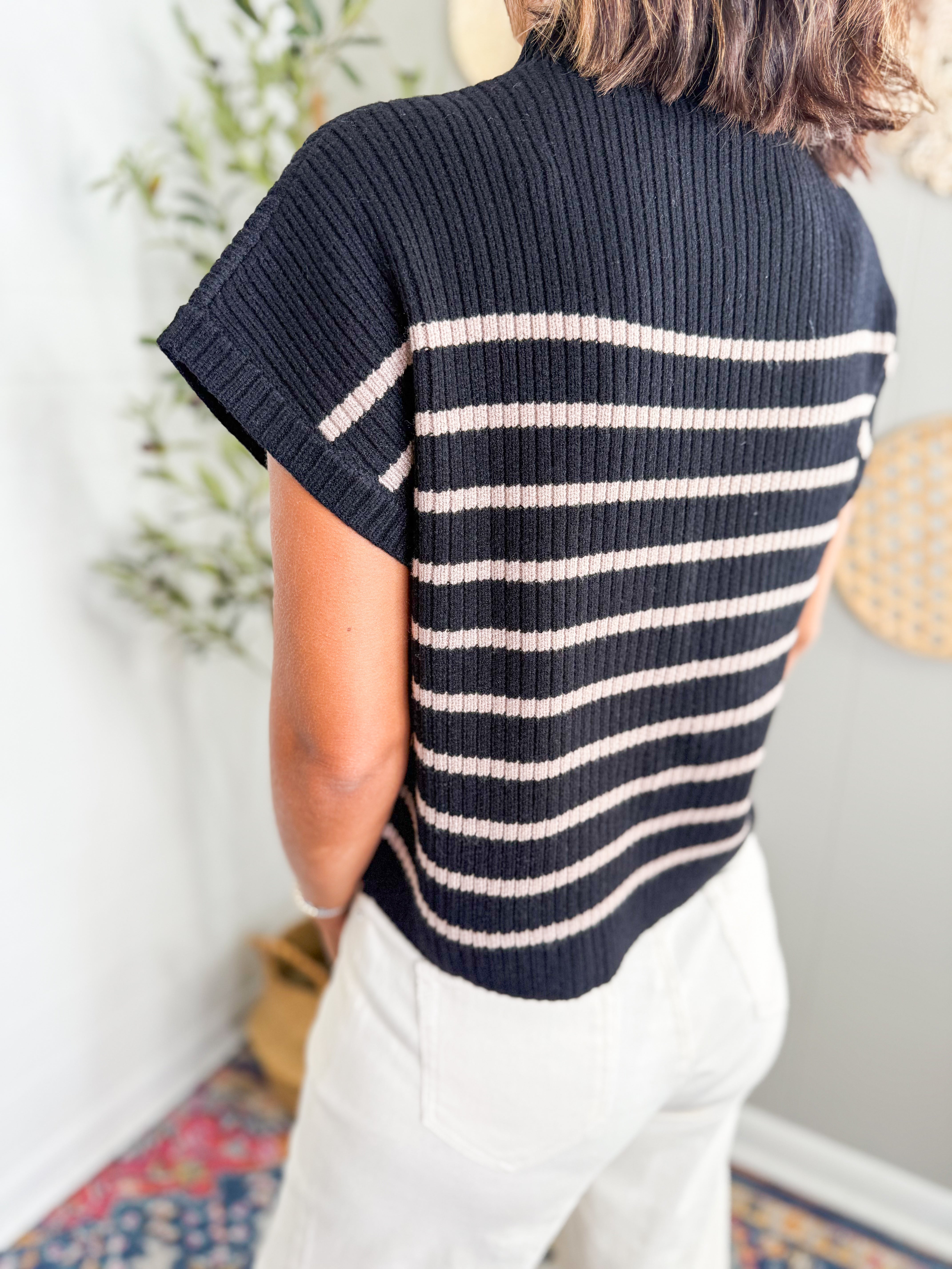 Stripe Mock Neck Short Sleeve Knit Sweater