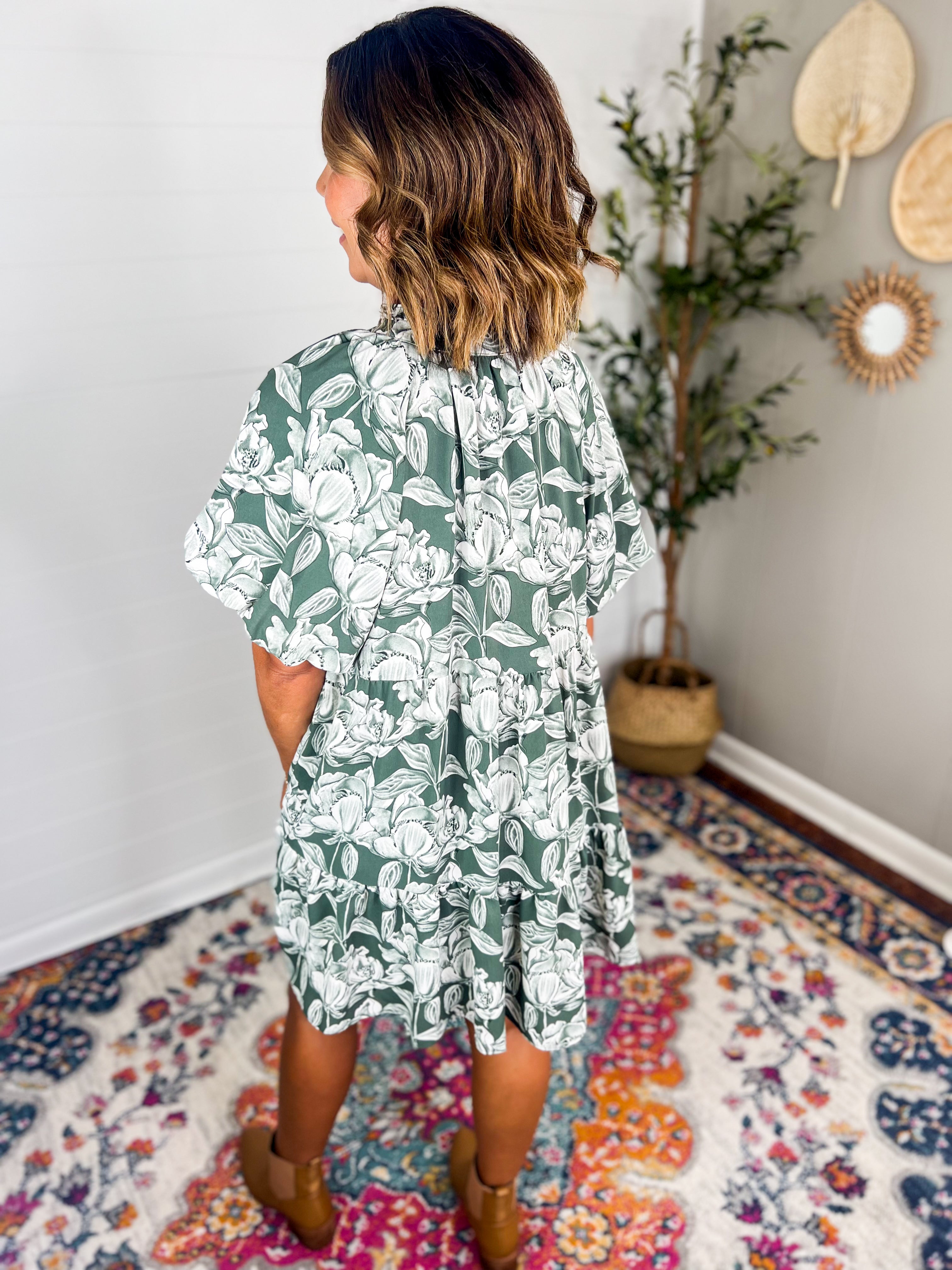 Green Floral Printed Mini Dress