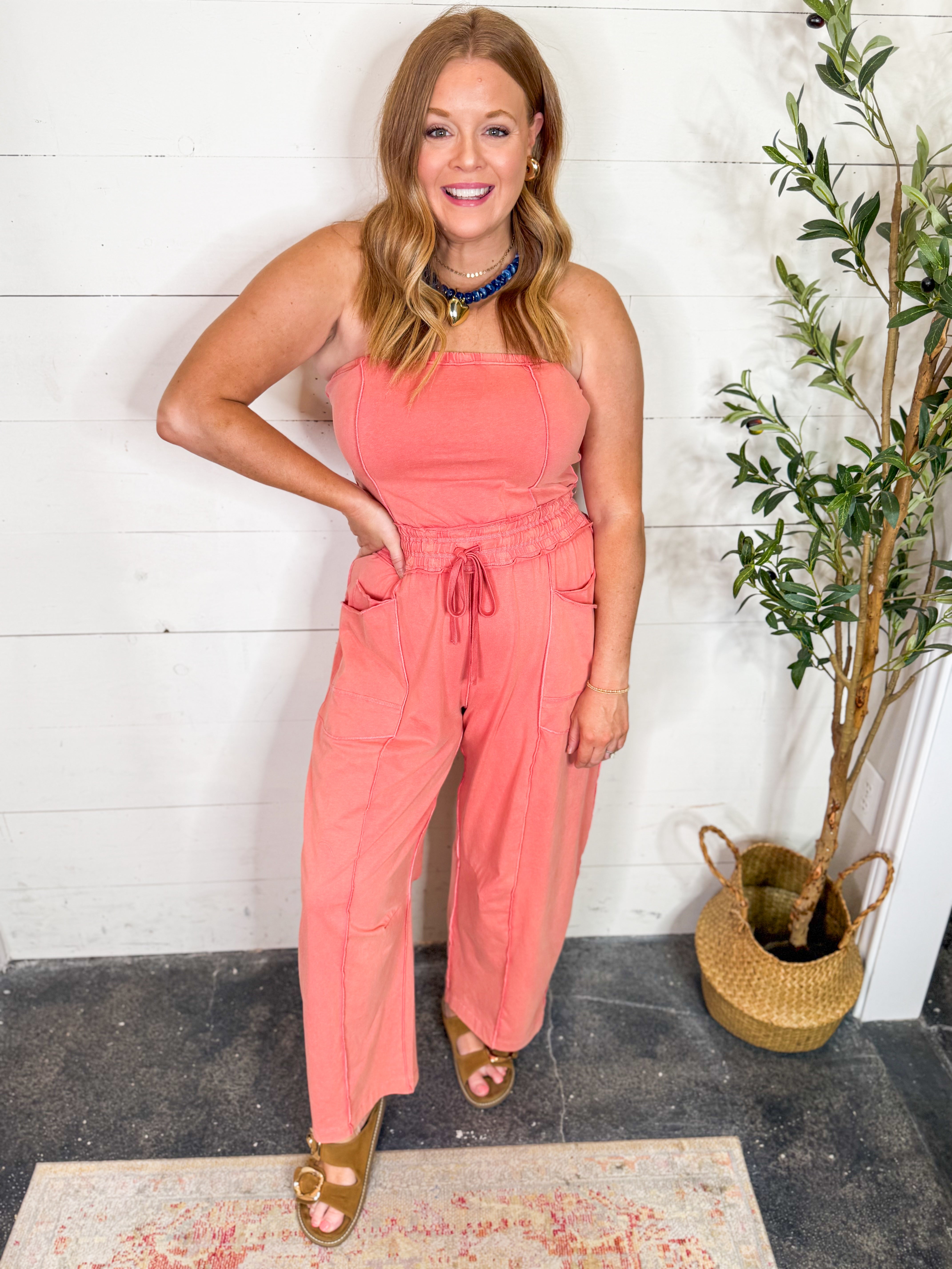 Mineral Washed Strapless Tube Top Jumpsuit