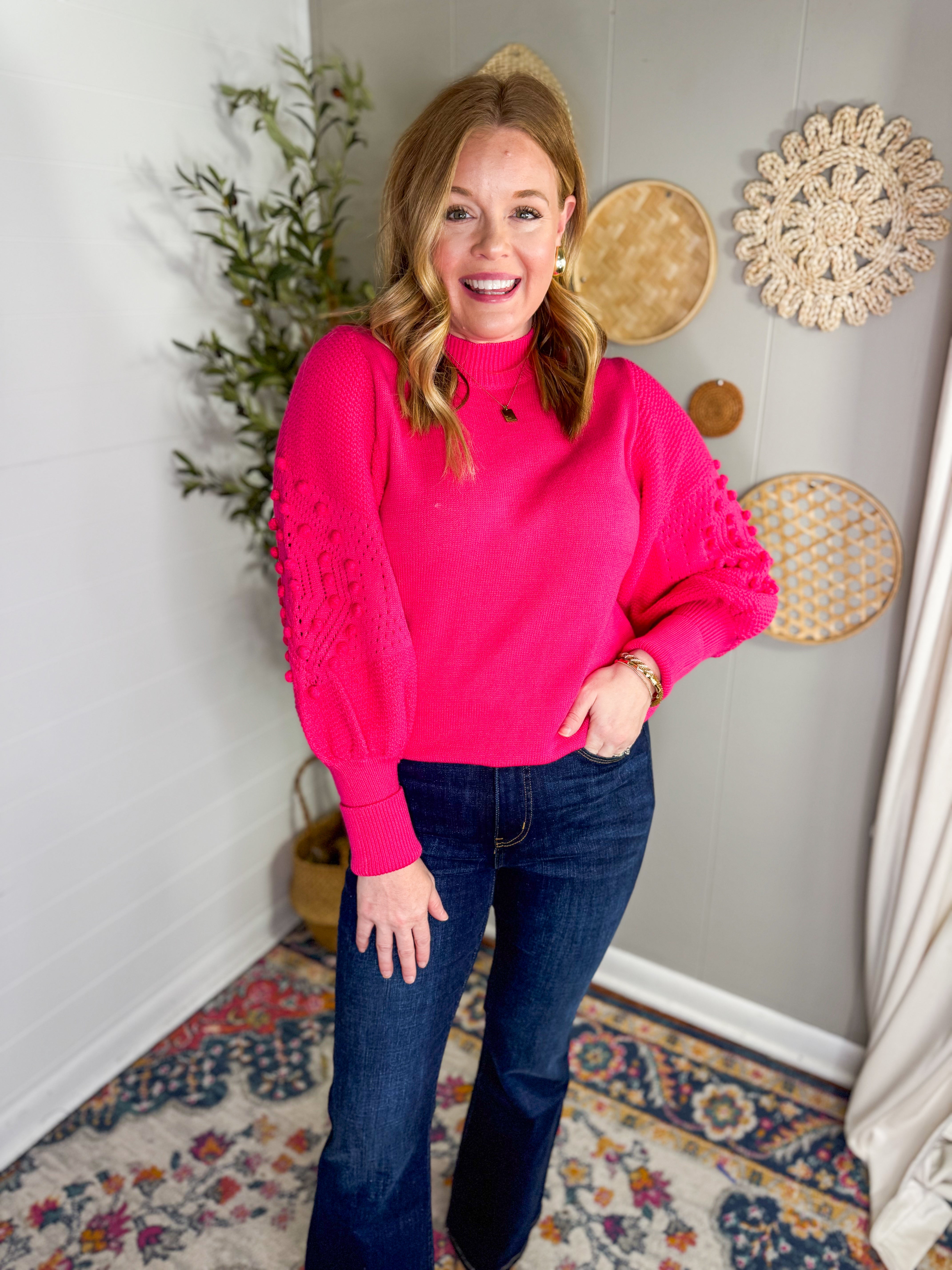 Round Neck Pom Pom Balloon Sleeve Sweater