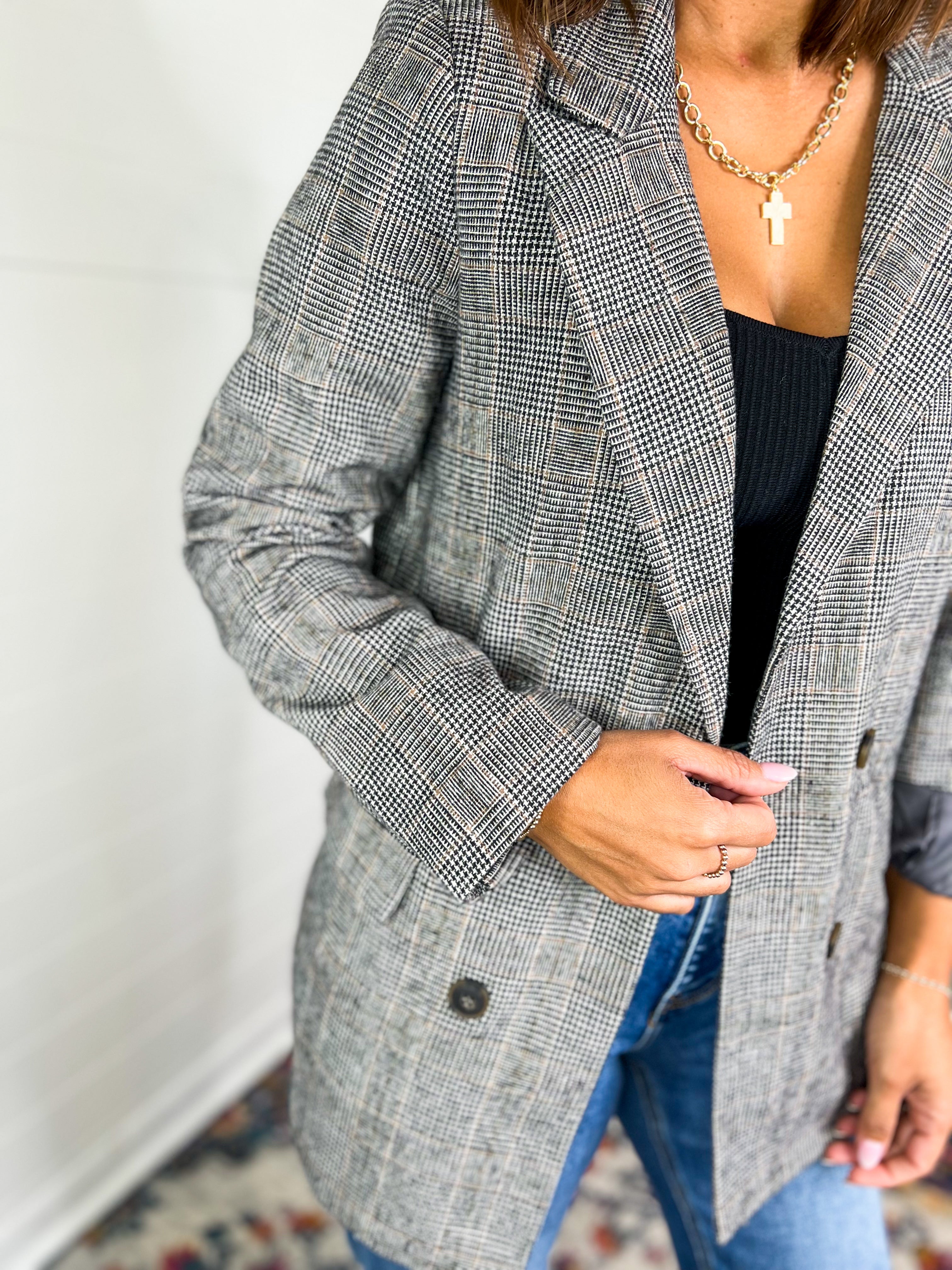 Plaid Long Sleeve Front Button Blazer