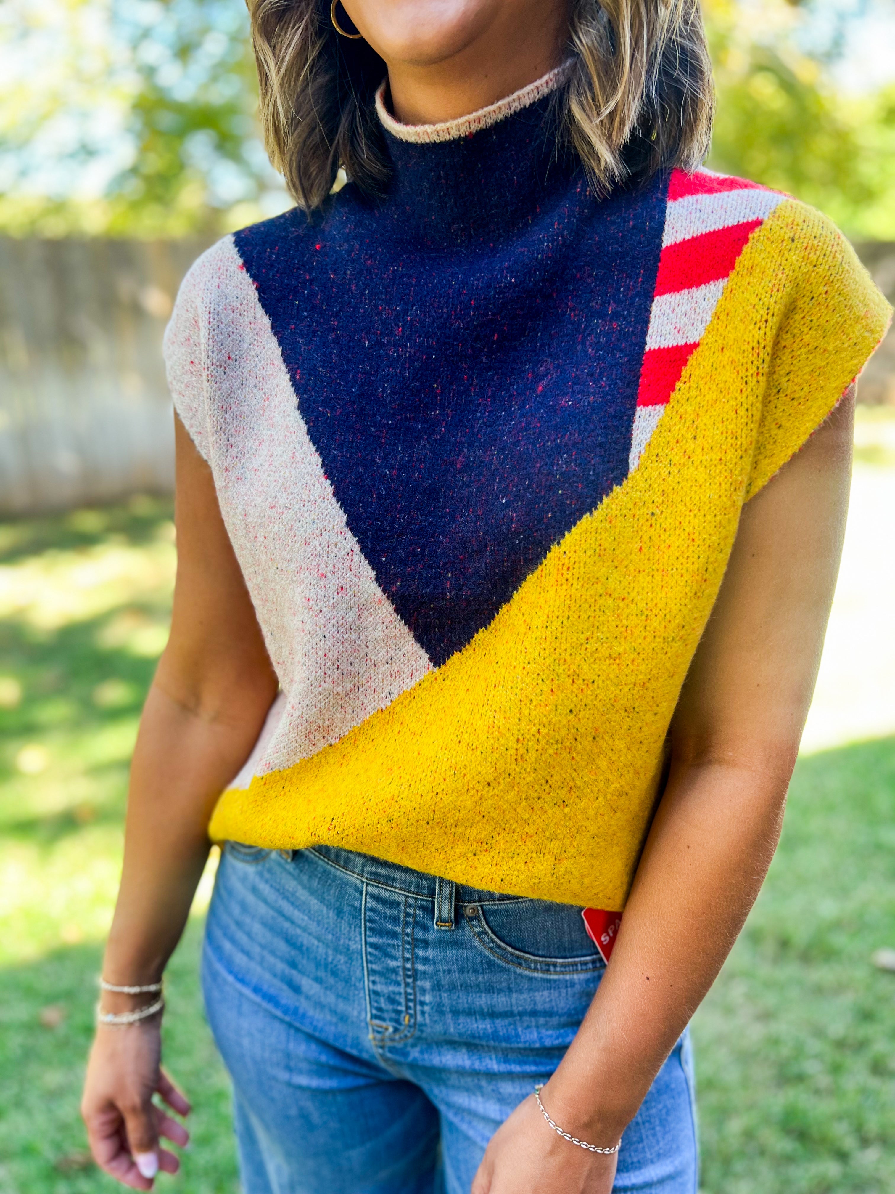 THML Mustard Mixed Print Funnel Neck Sleeveless Sweater