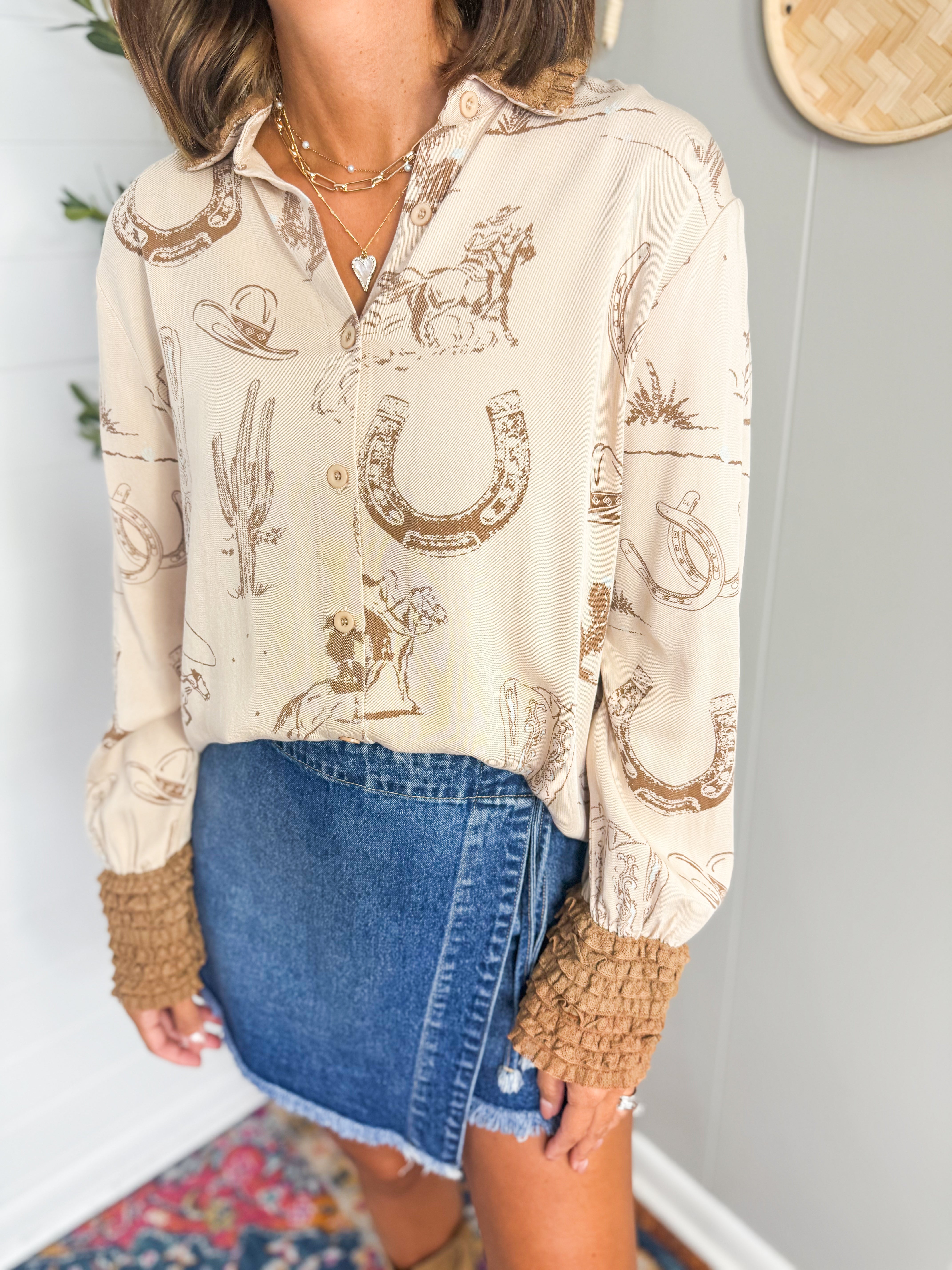 Western Printed Ruffle Cuff Shirt