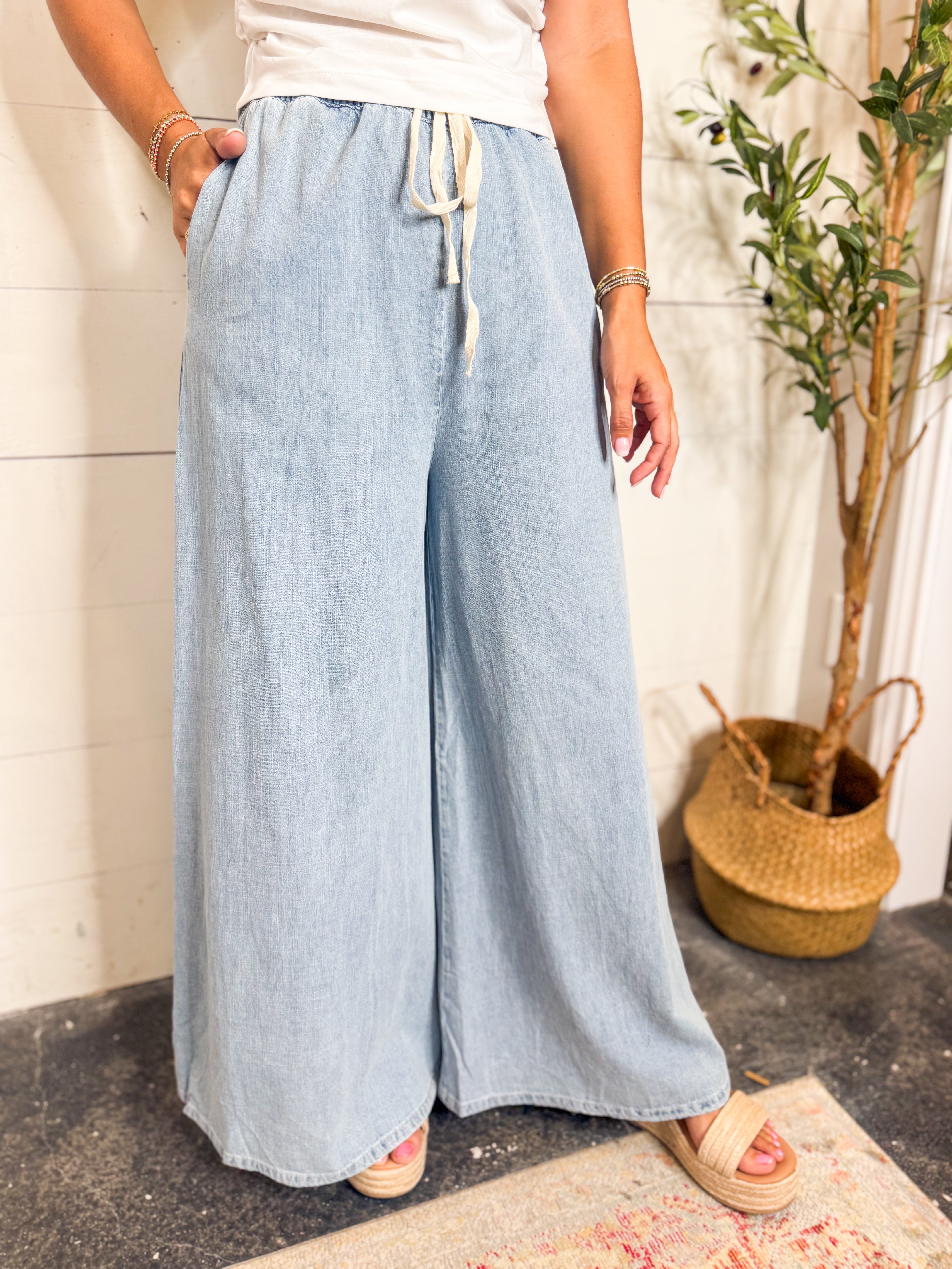 Washed Denim Wide Leg Pants
