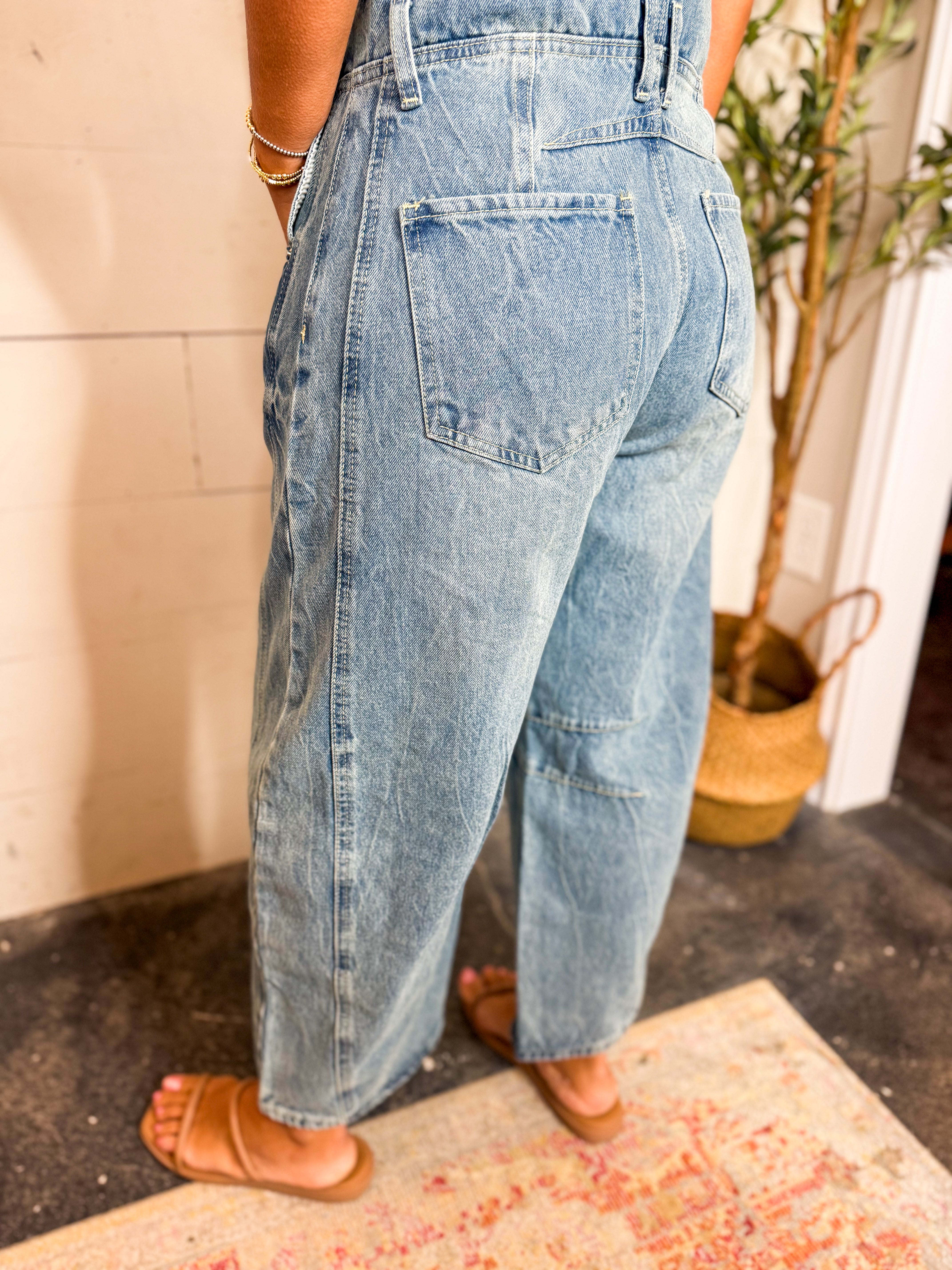 Mineral Washed Barrel Leg Denim Overalls
