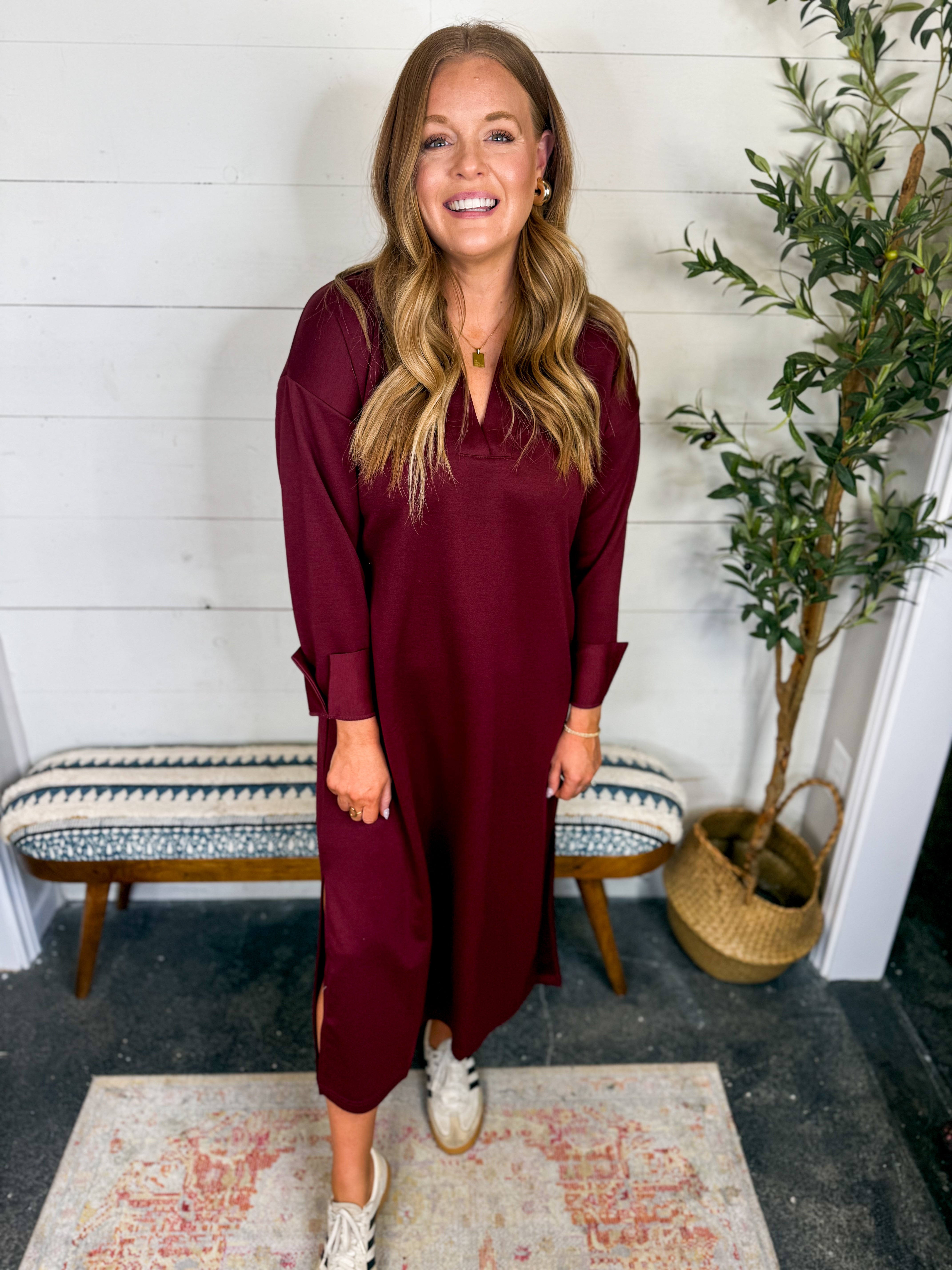 Long Sleeve Split Neck Line Collared Midi Dress