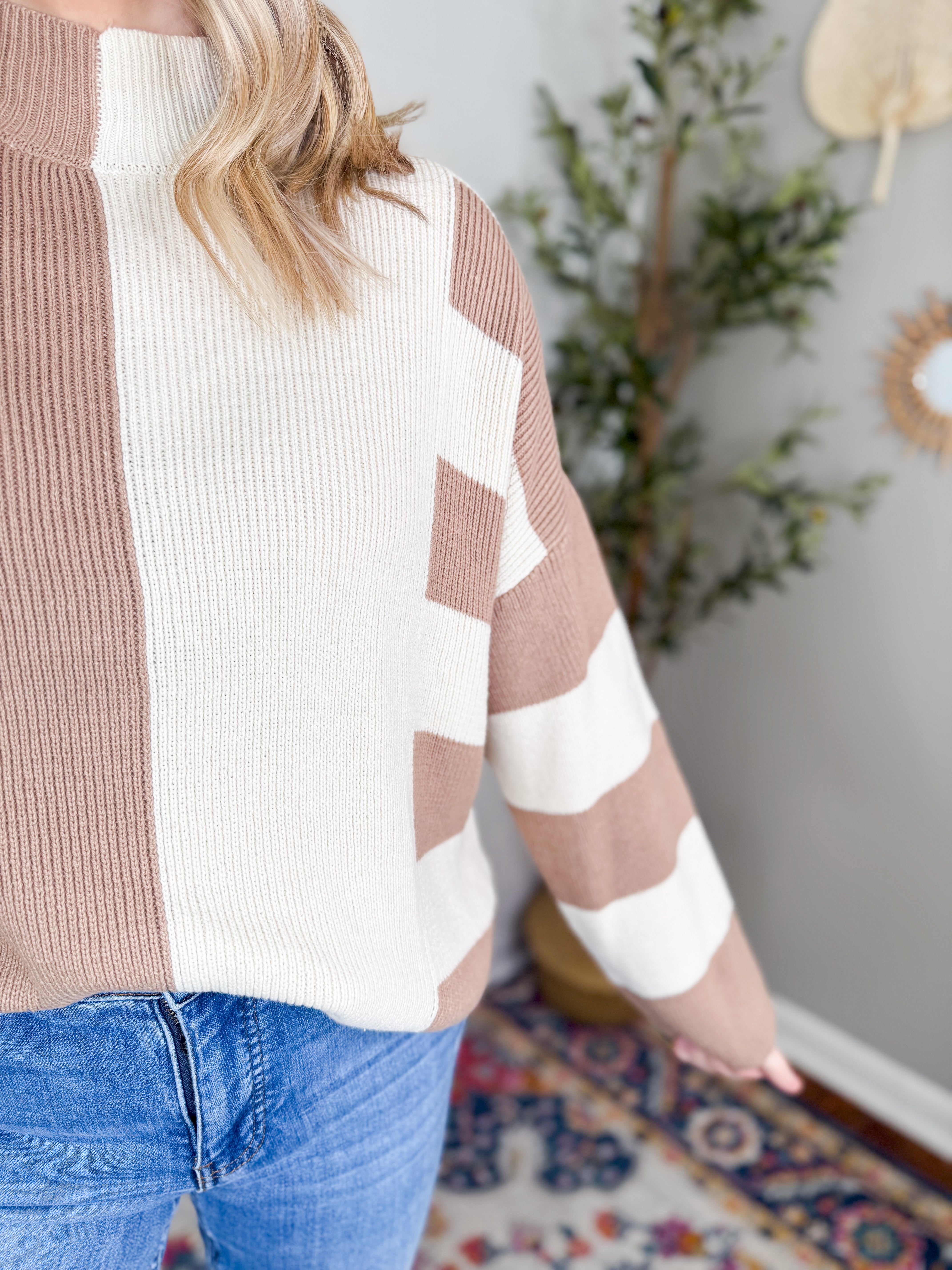 Stripe Khaki Colorblock Mock Neck Sweater