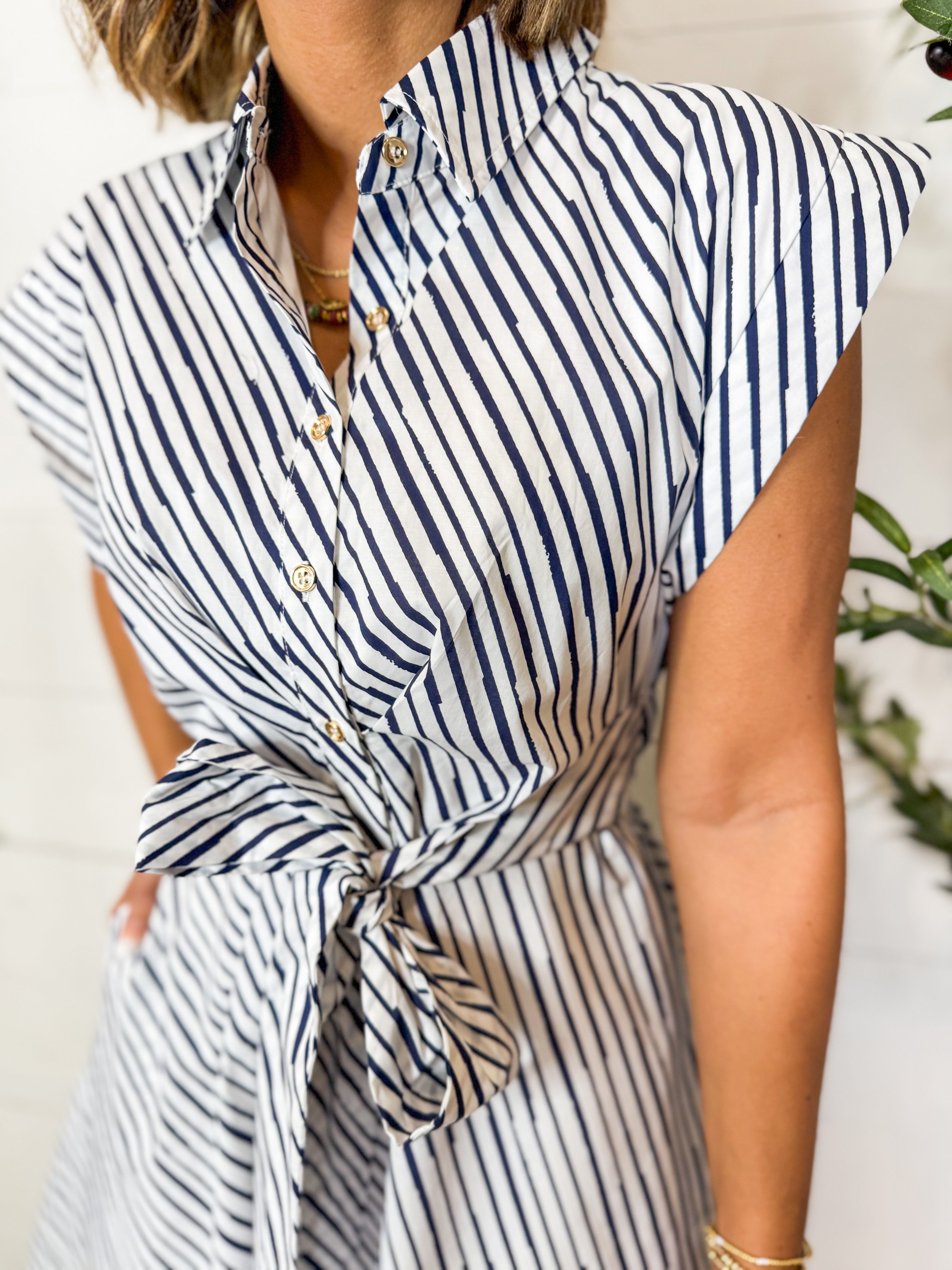 Navy Striped Tie Front Mini Dress