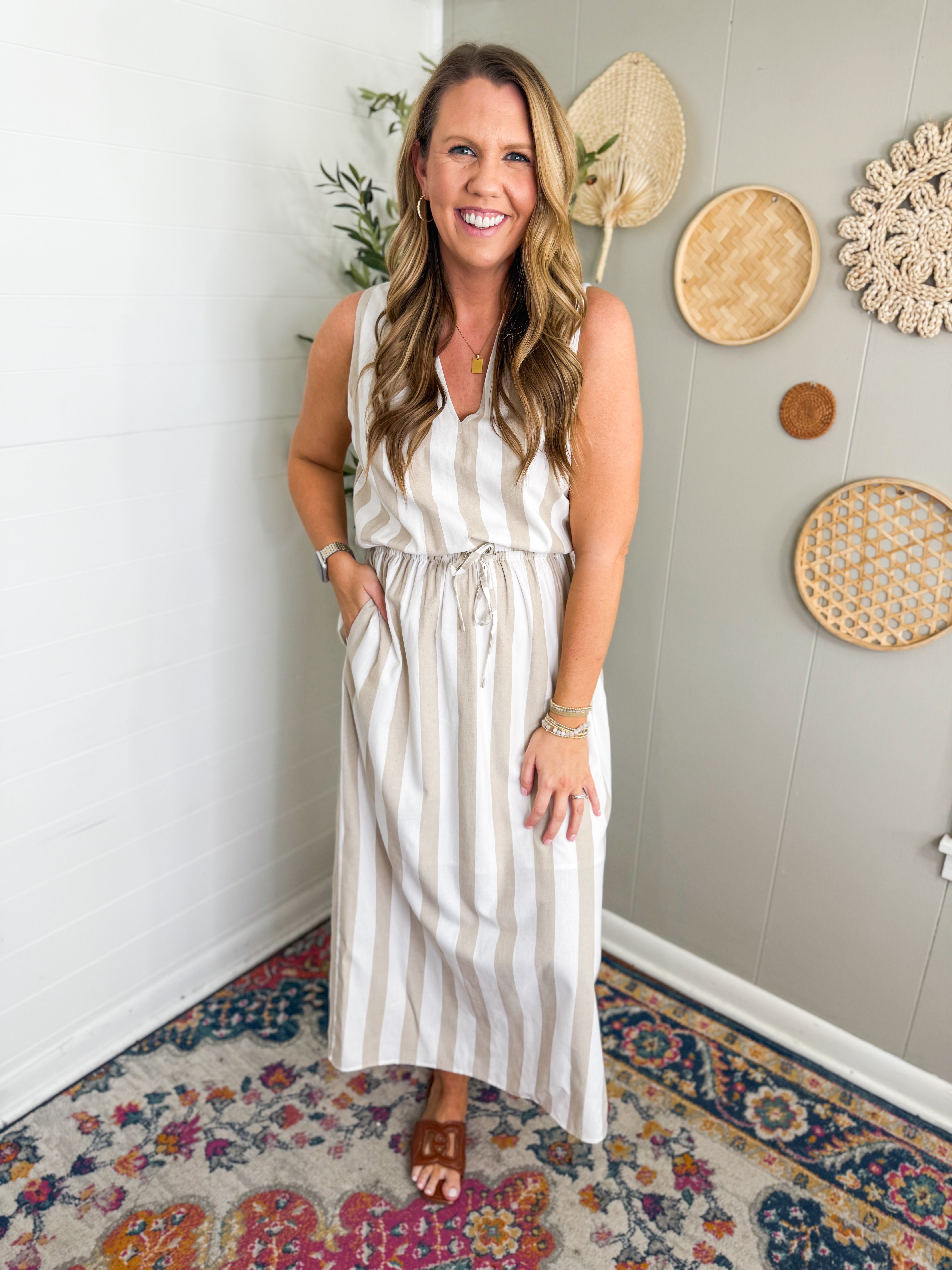Striped Maxi Dress With Drawstring