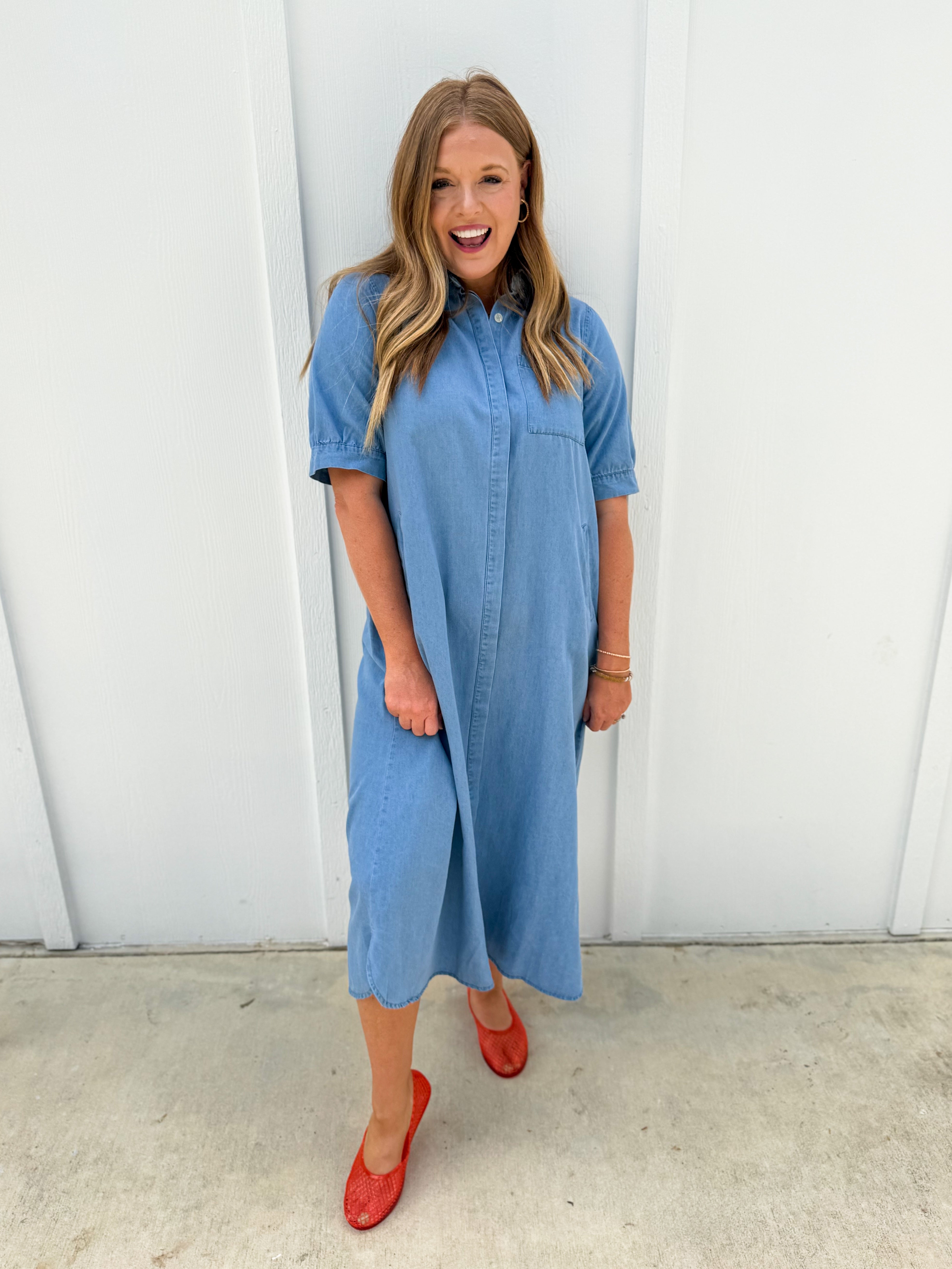 Solid Denim Short Sleeve Midi Dress