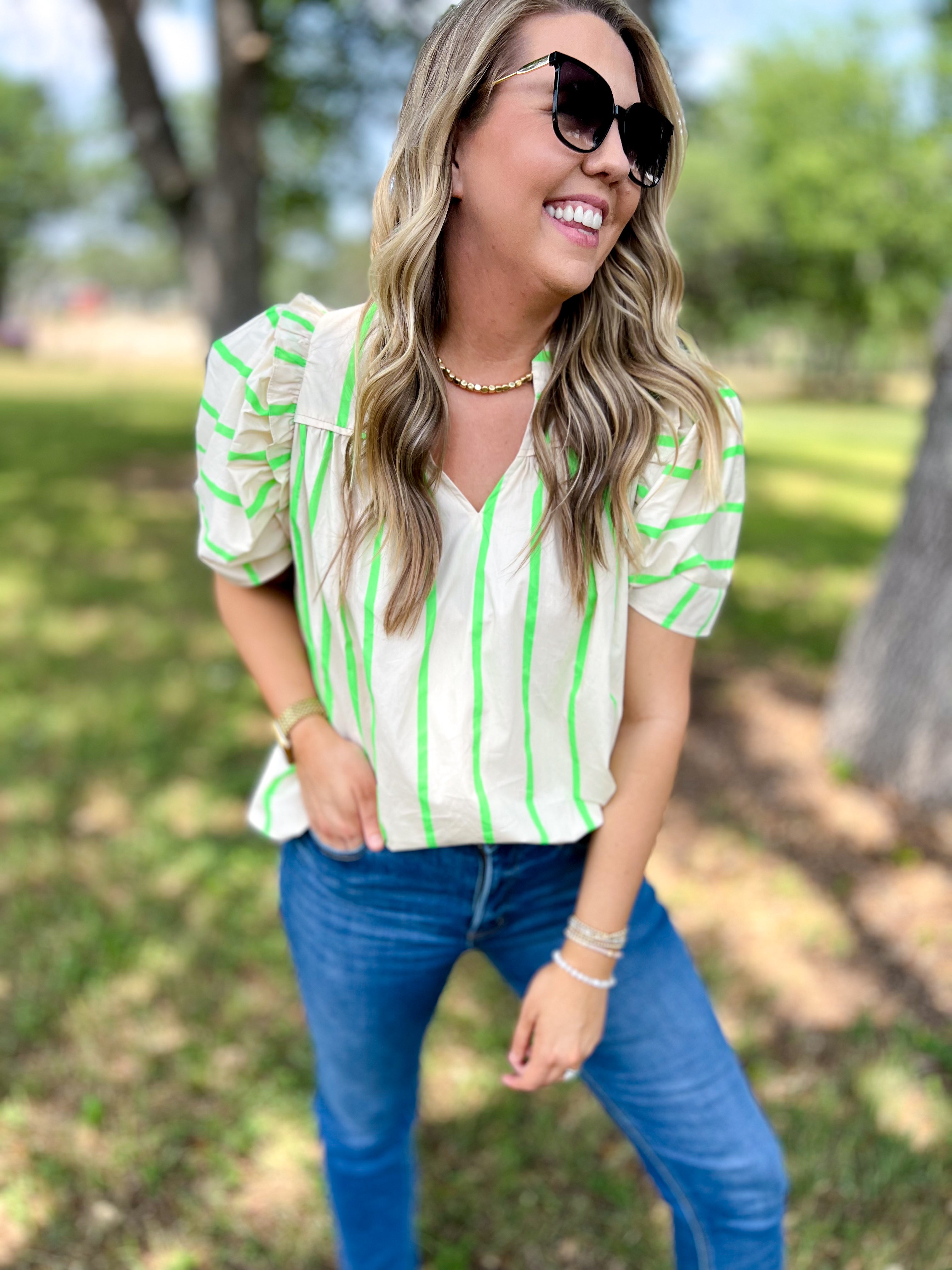 Lime Striped Ruffle Trimmed Short Sleeve Top