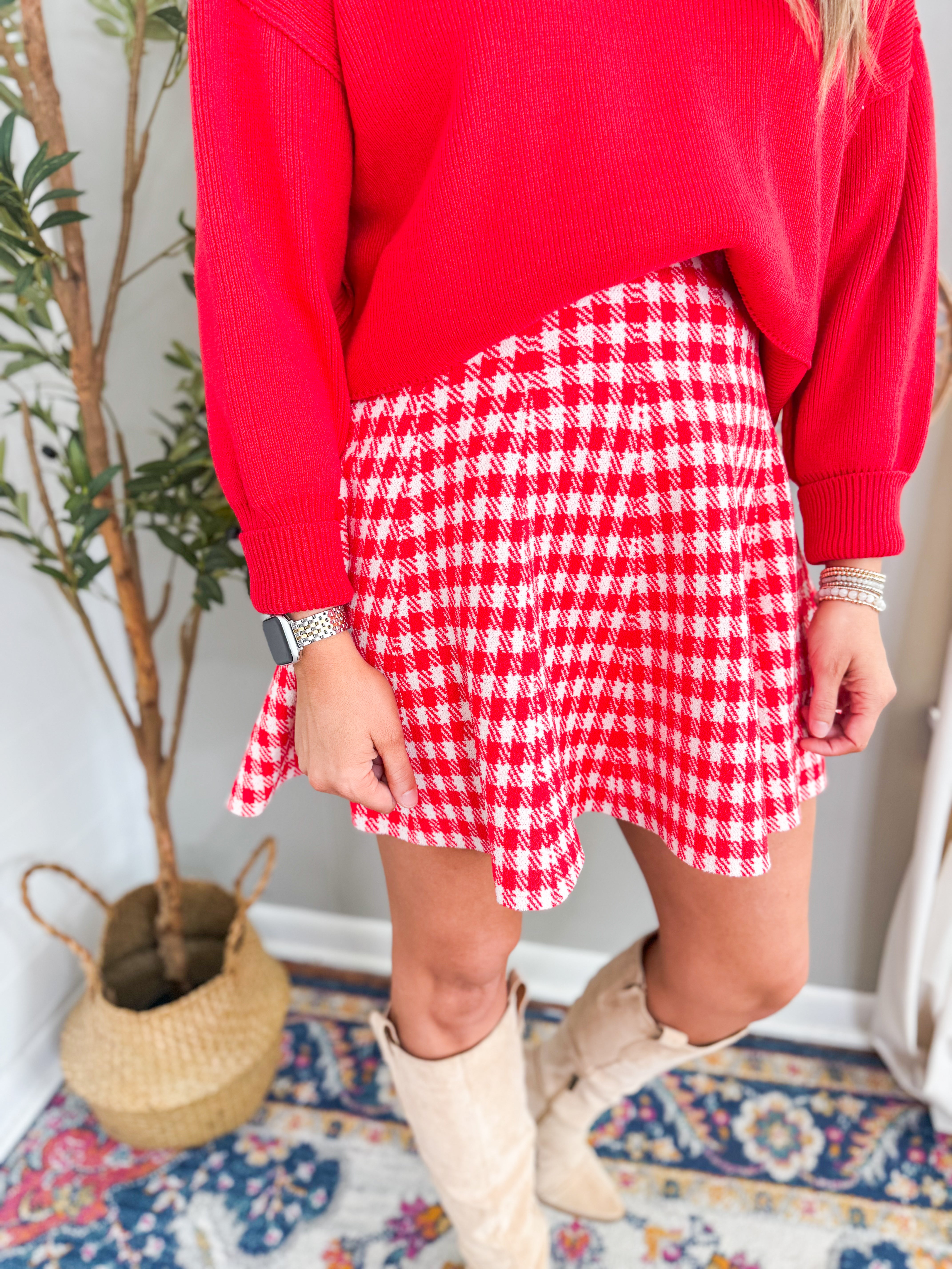 Red Gingham High Waist Pleated Skirt