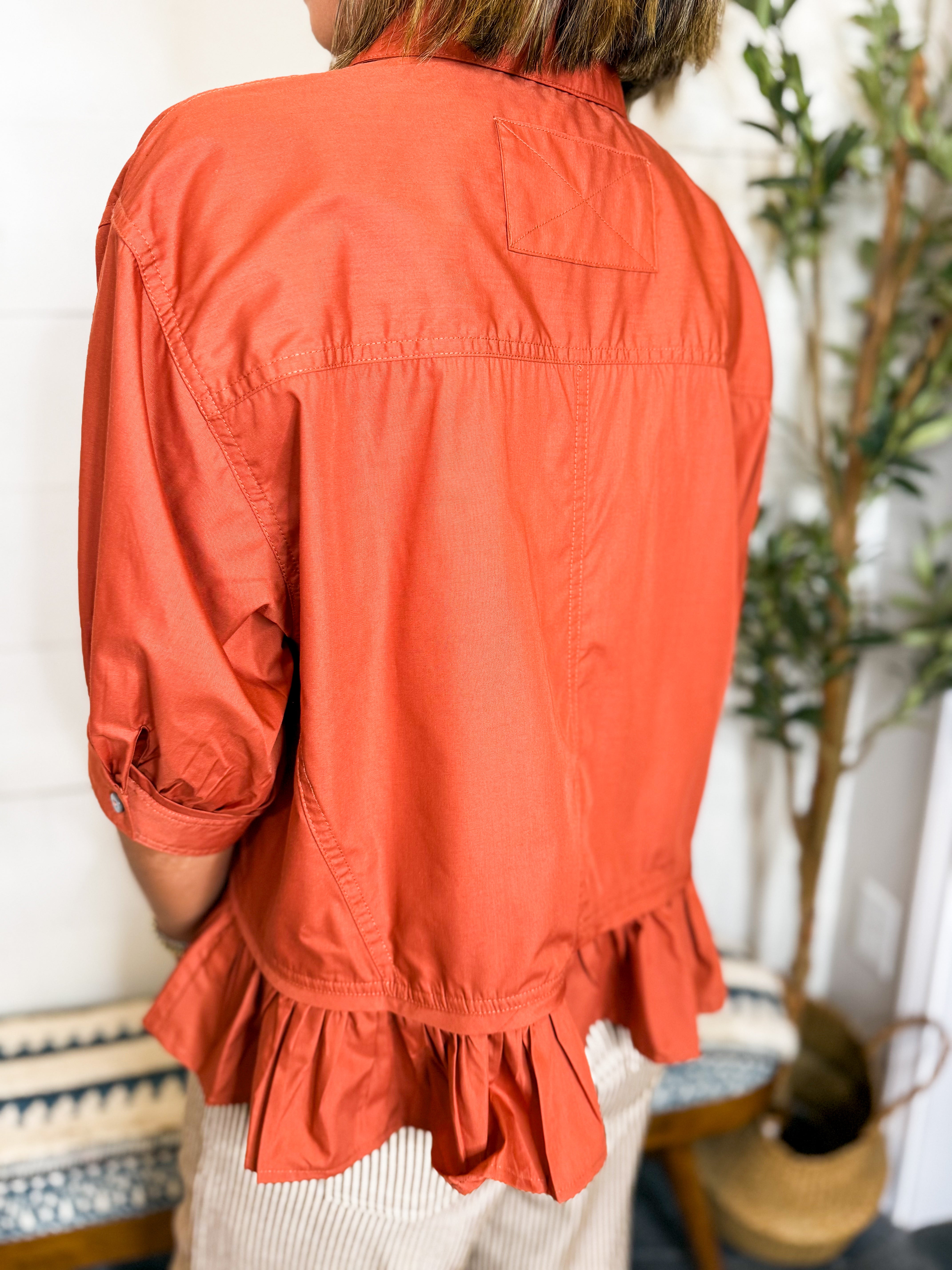 Short Sleeve Button Down With Ruffle Hem - Clay