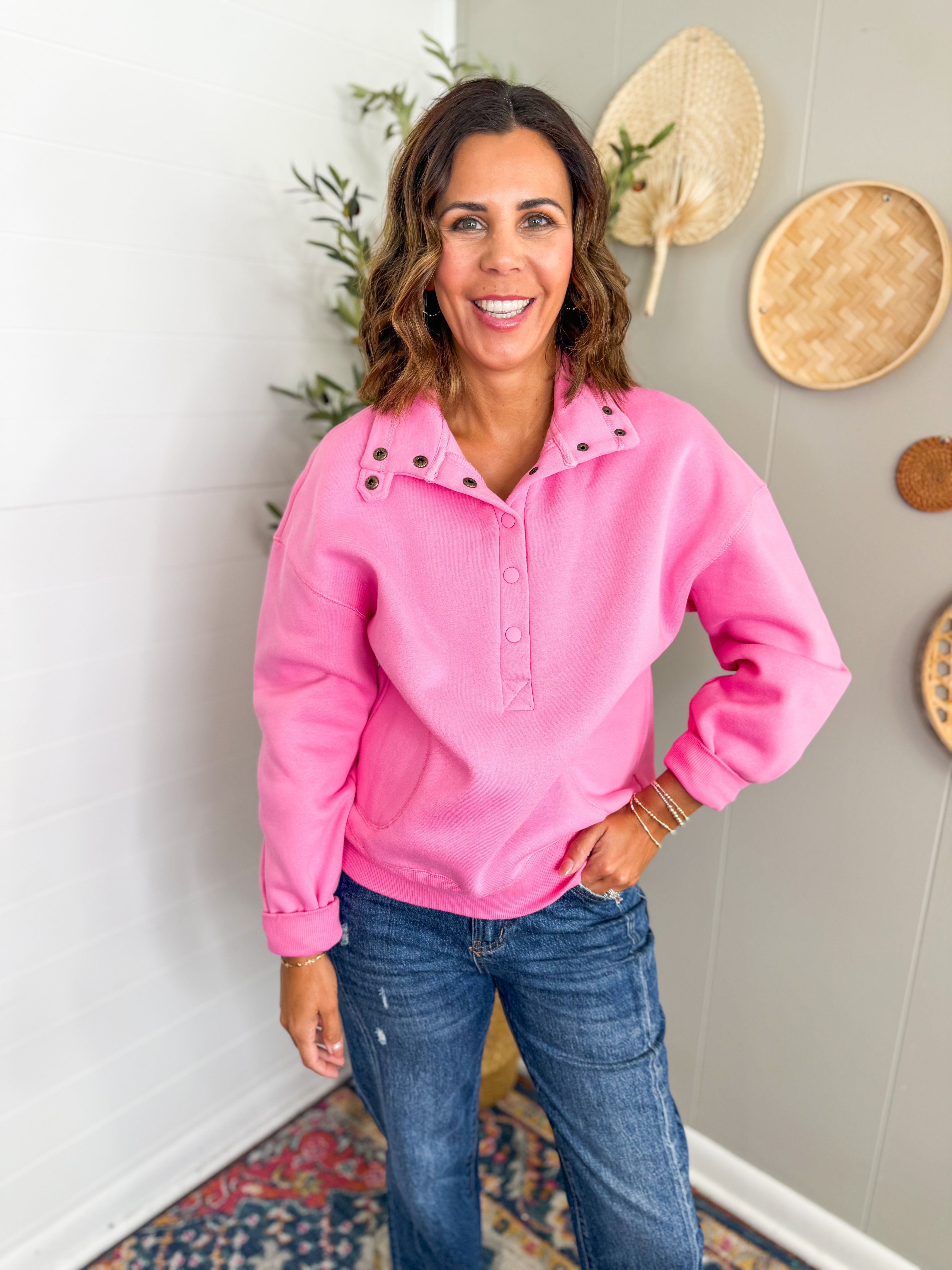 Solid Half Button Stand Neck Drop Shoulder Sweatshirt