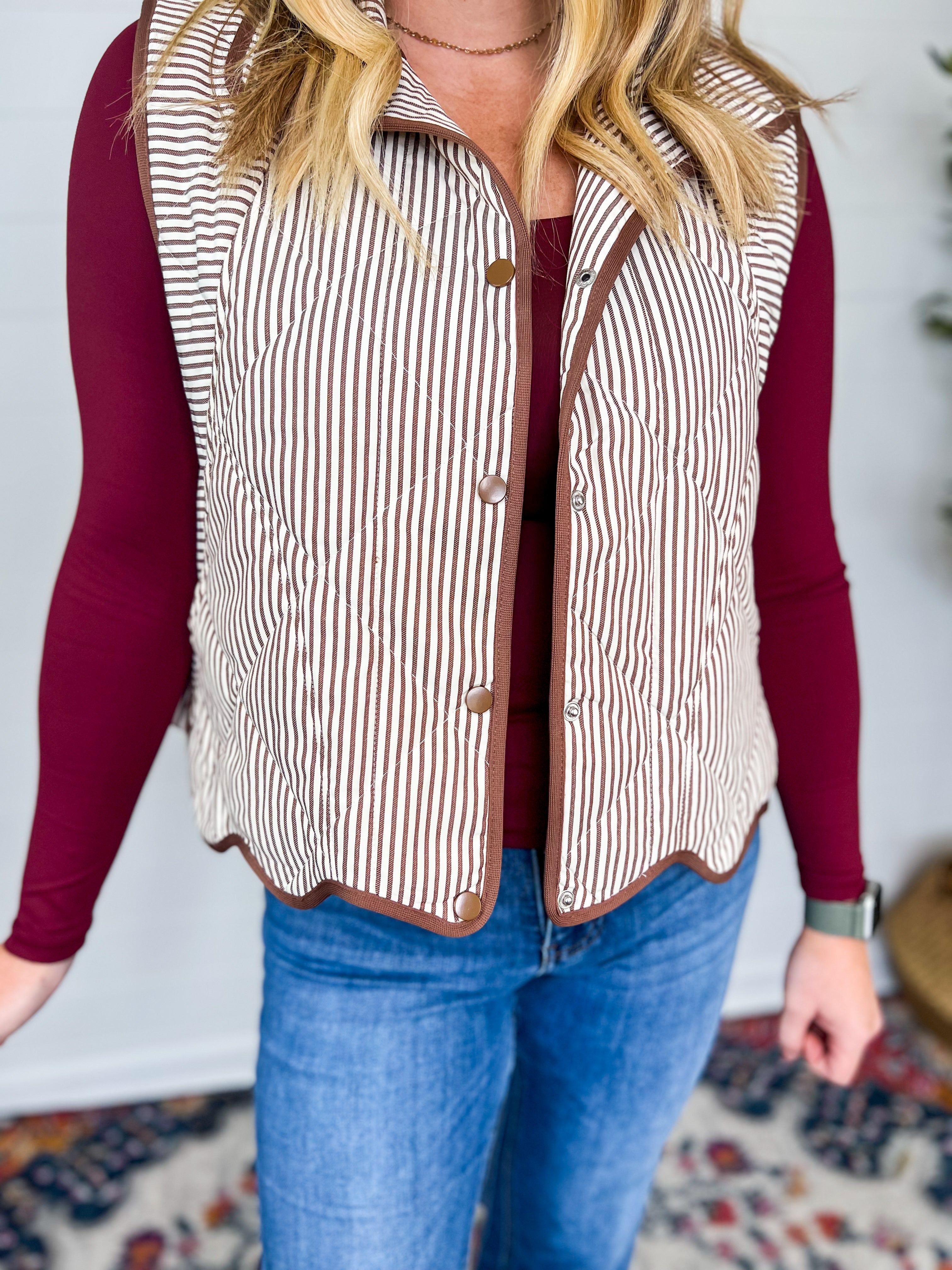 Tan Striped Scalloped Vest