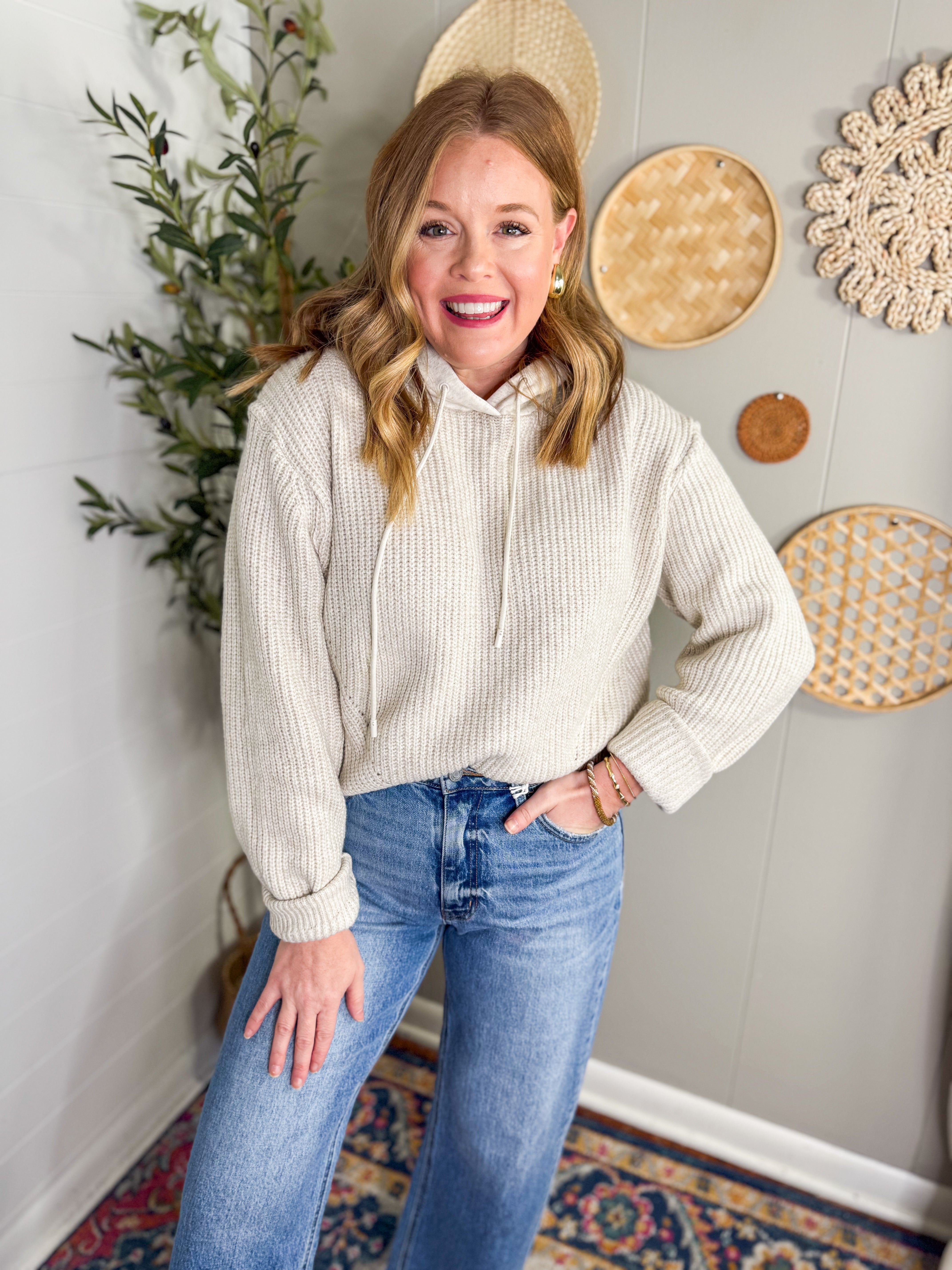 Oatmeal Knitted Hoodie Sweater