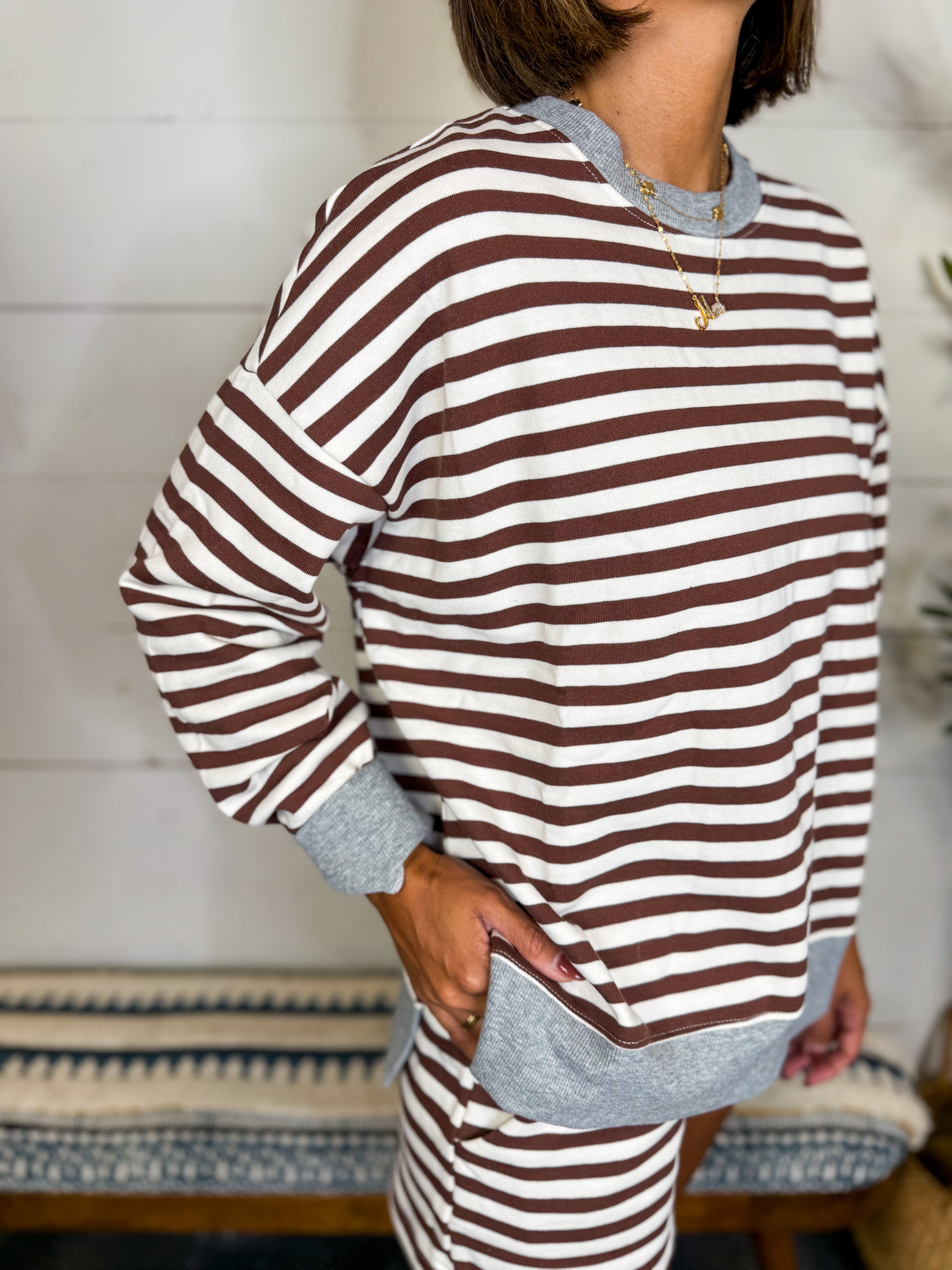 Striped Boxy Long Sleeve Contrast Knit Top