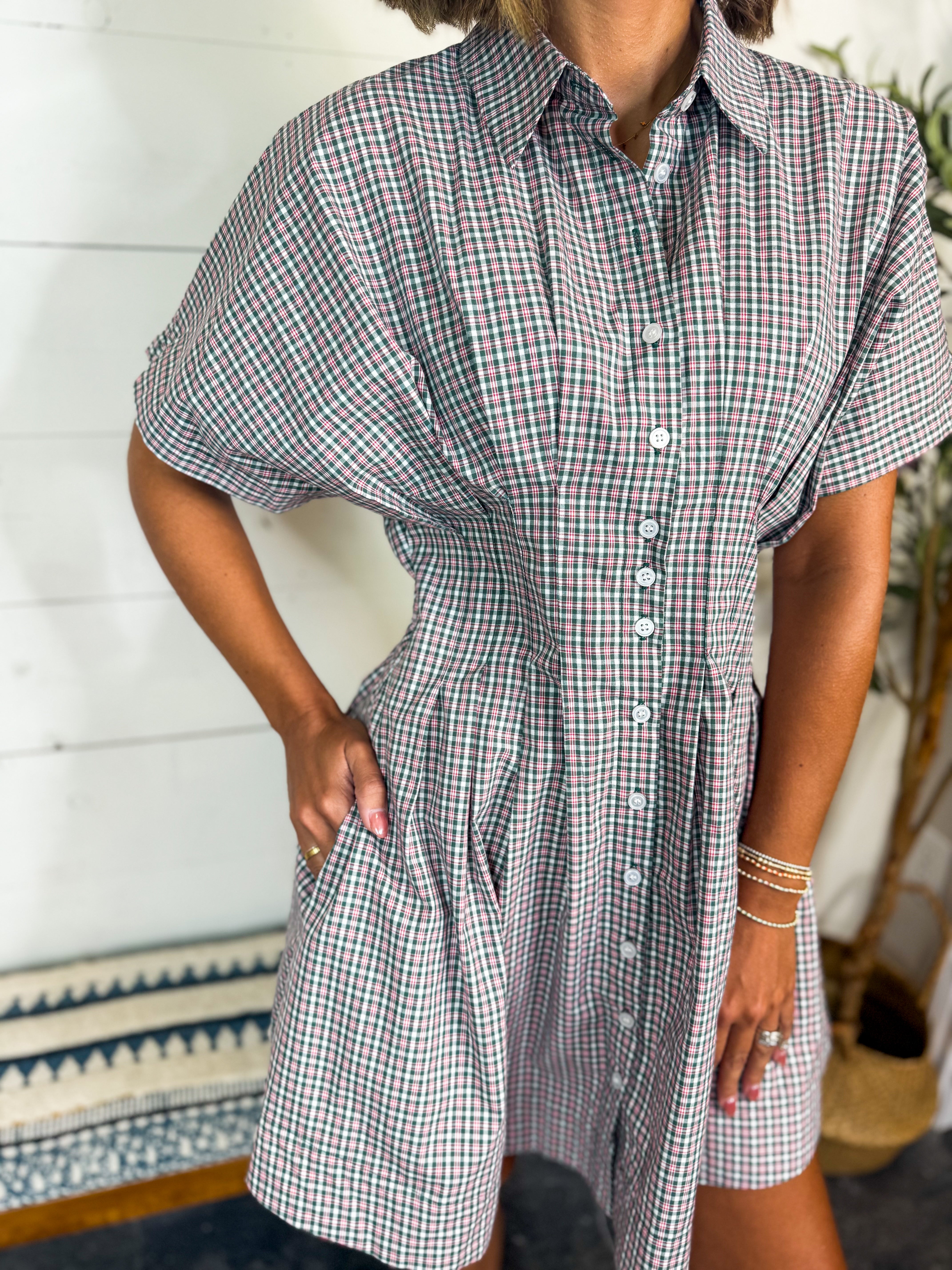 Green And Red Plaid Pleated Short Dress