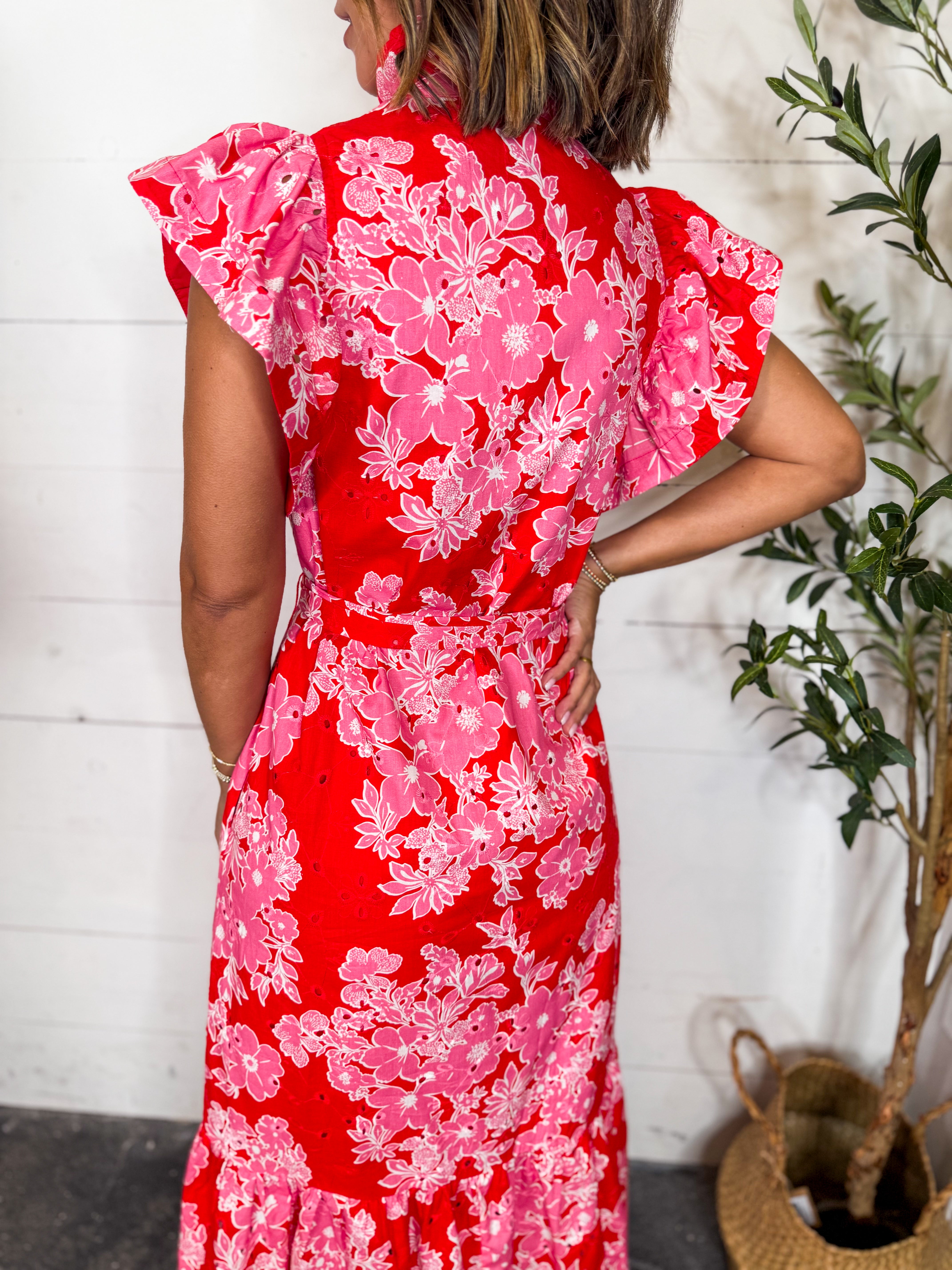 Red Floral Print Flutter Sleeve Midi Dress