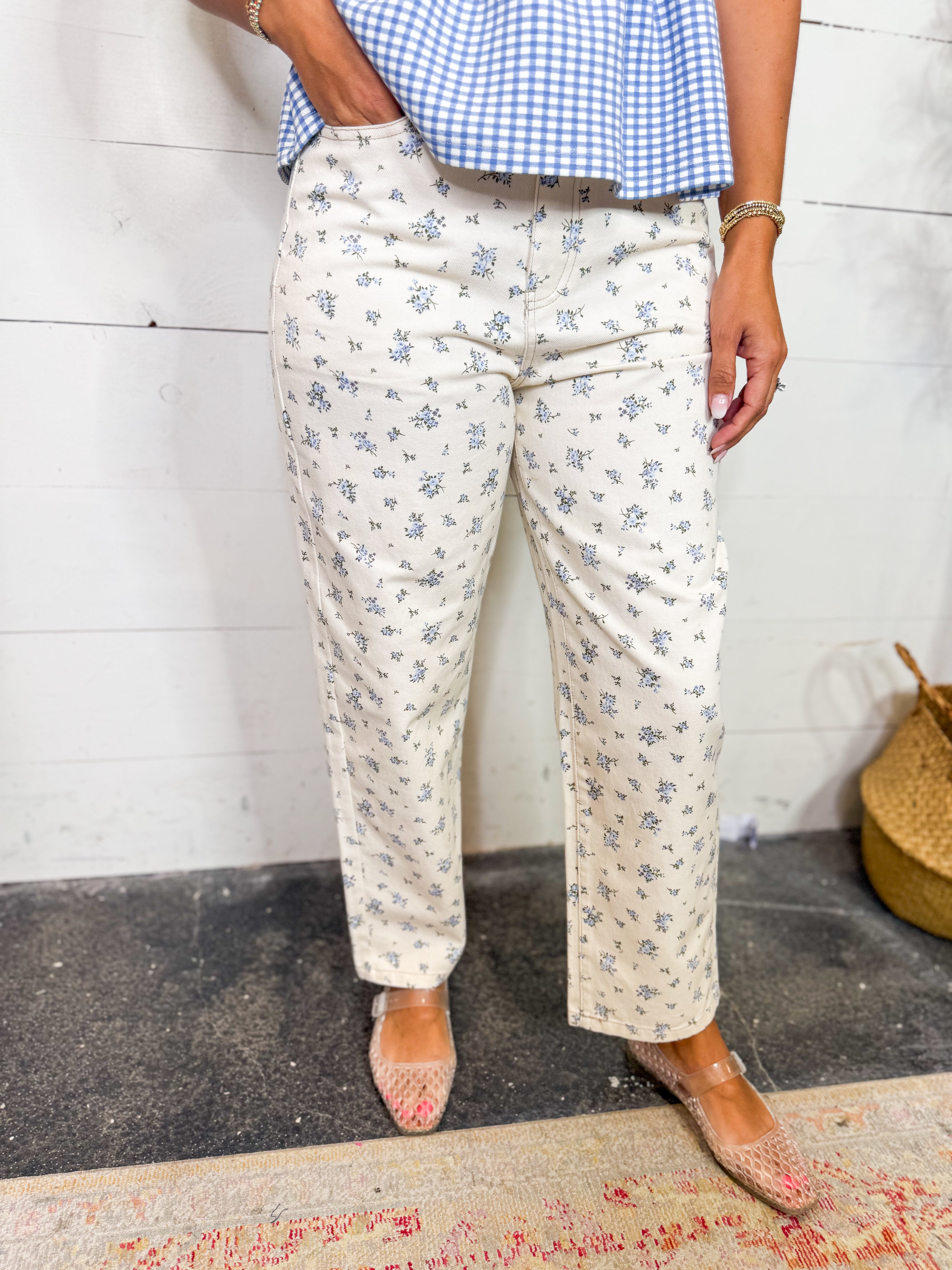 Floral Ecru Denim Pattern Jeans