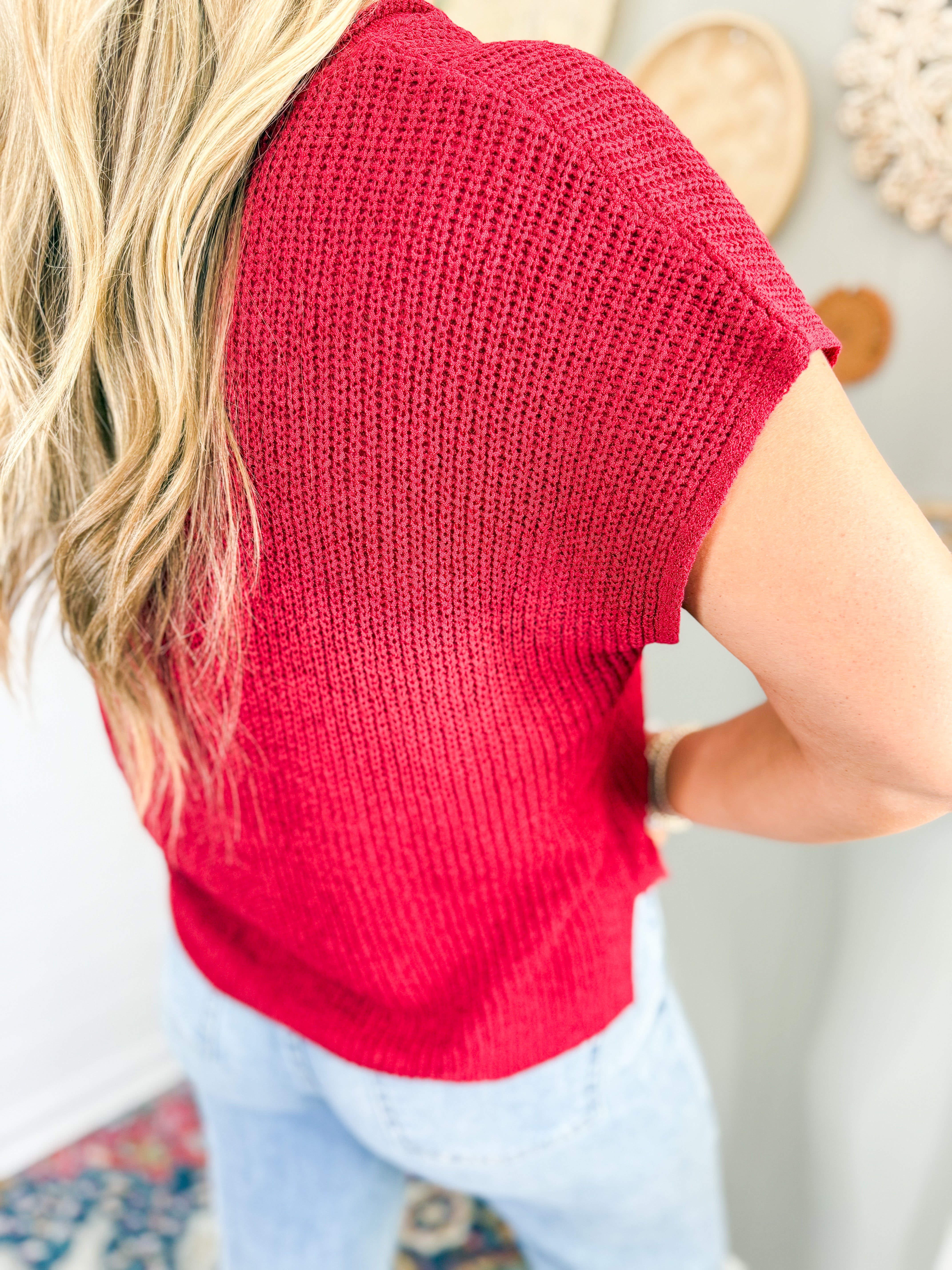 Split Neck Short Sleeve Knit Pullover