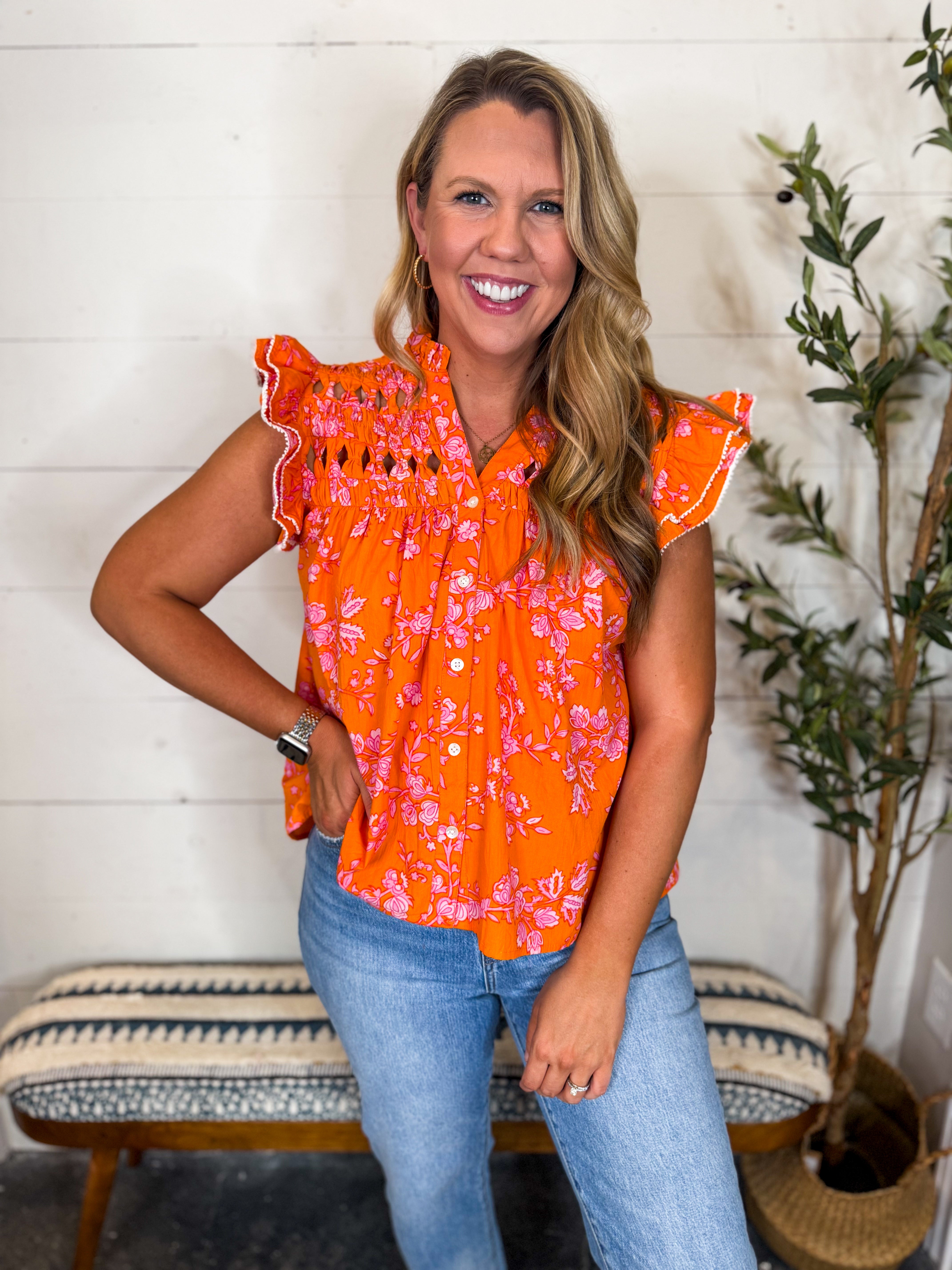 THML Lattice Front Flutter Sleeve Top
