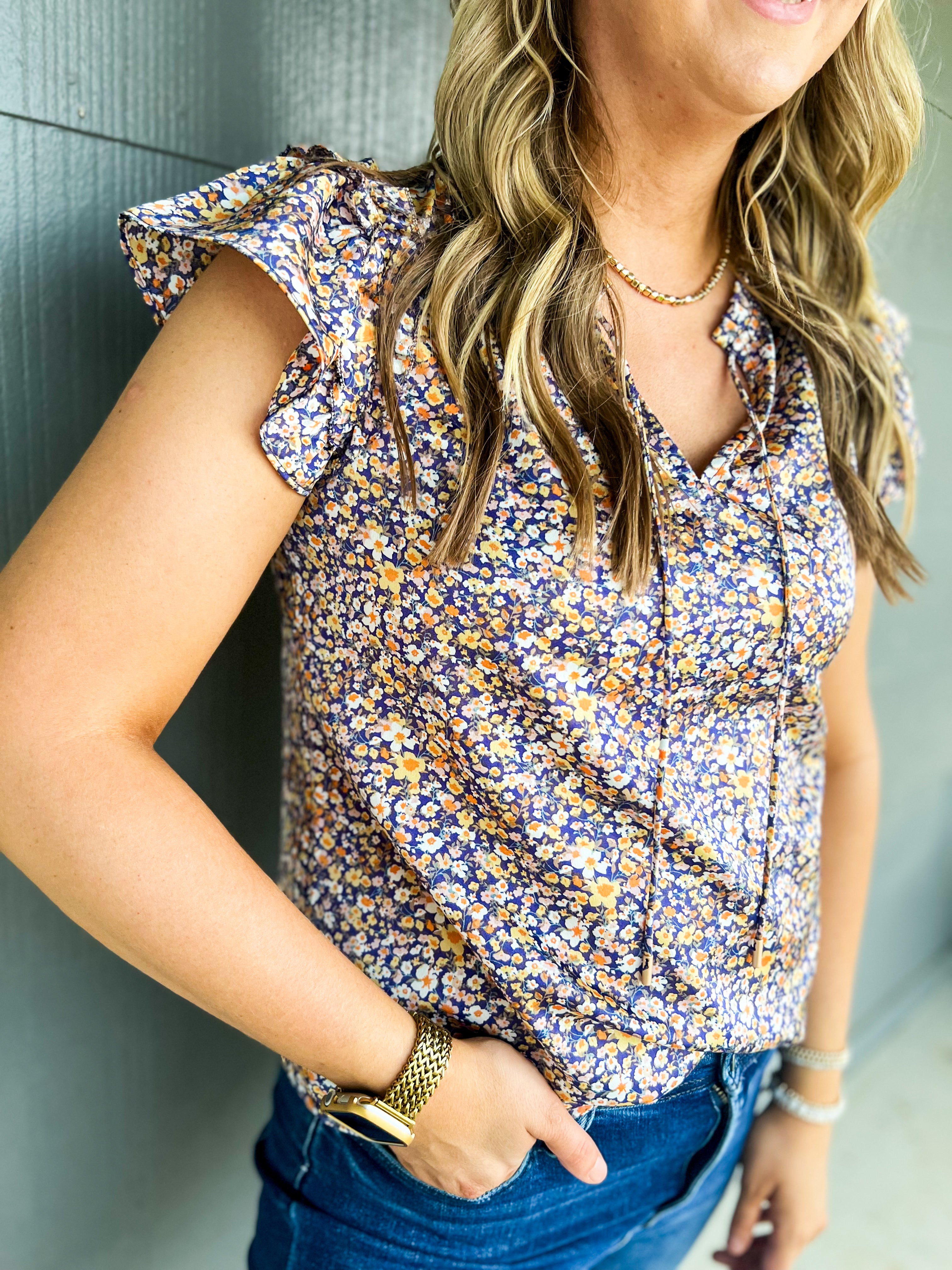 Indigo Floral Printed Flutter Sleeve Blouse