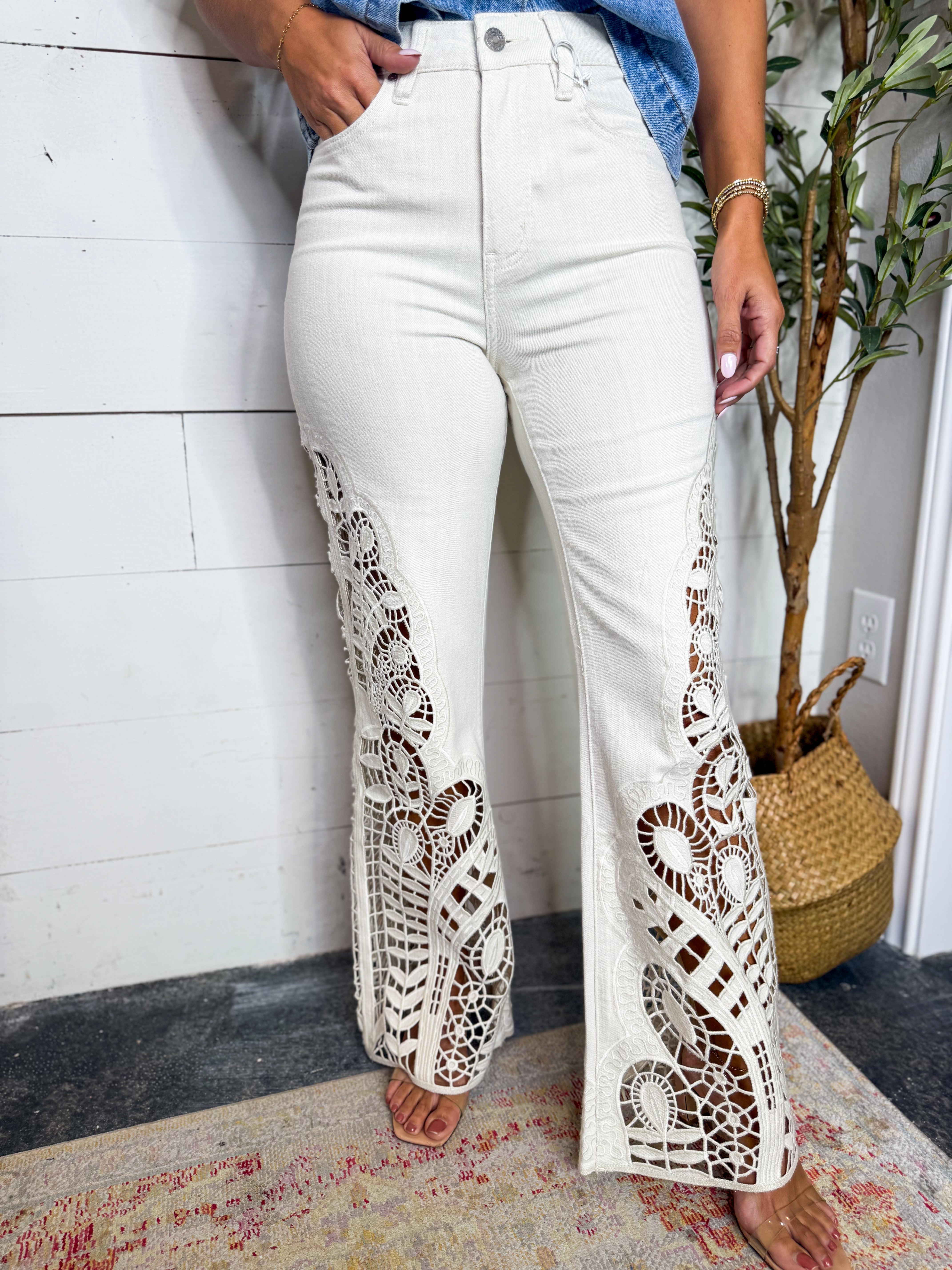 Bayeas Beige High Rise Lace Wide Leg Jean