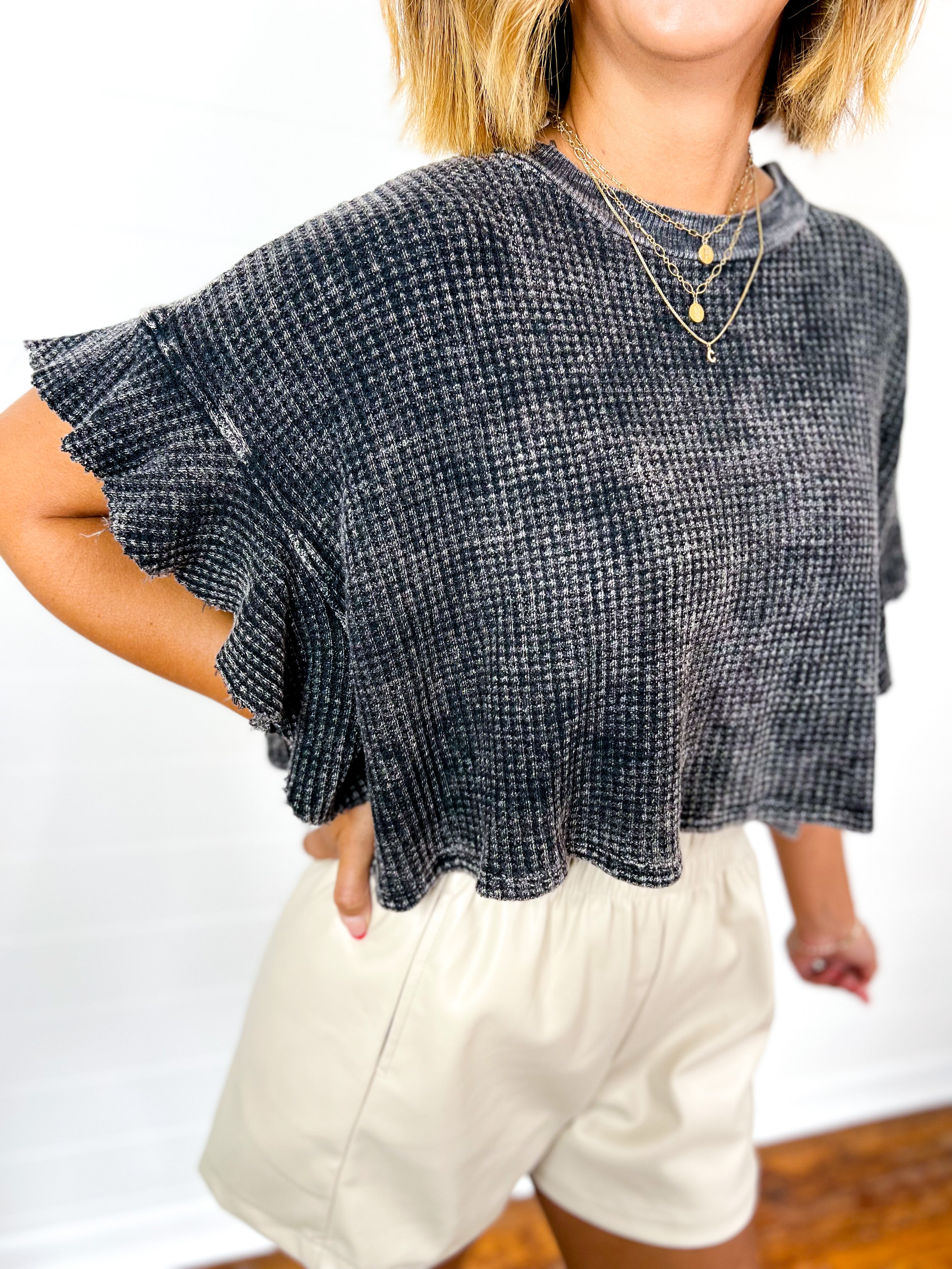 Ruffled Garment Mineral-Wash Charcoal Cropped Top