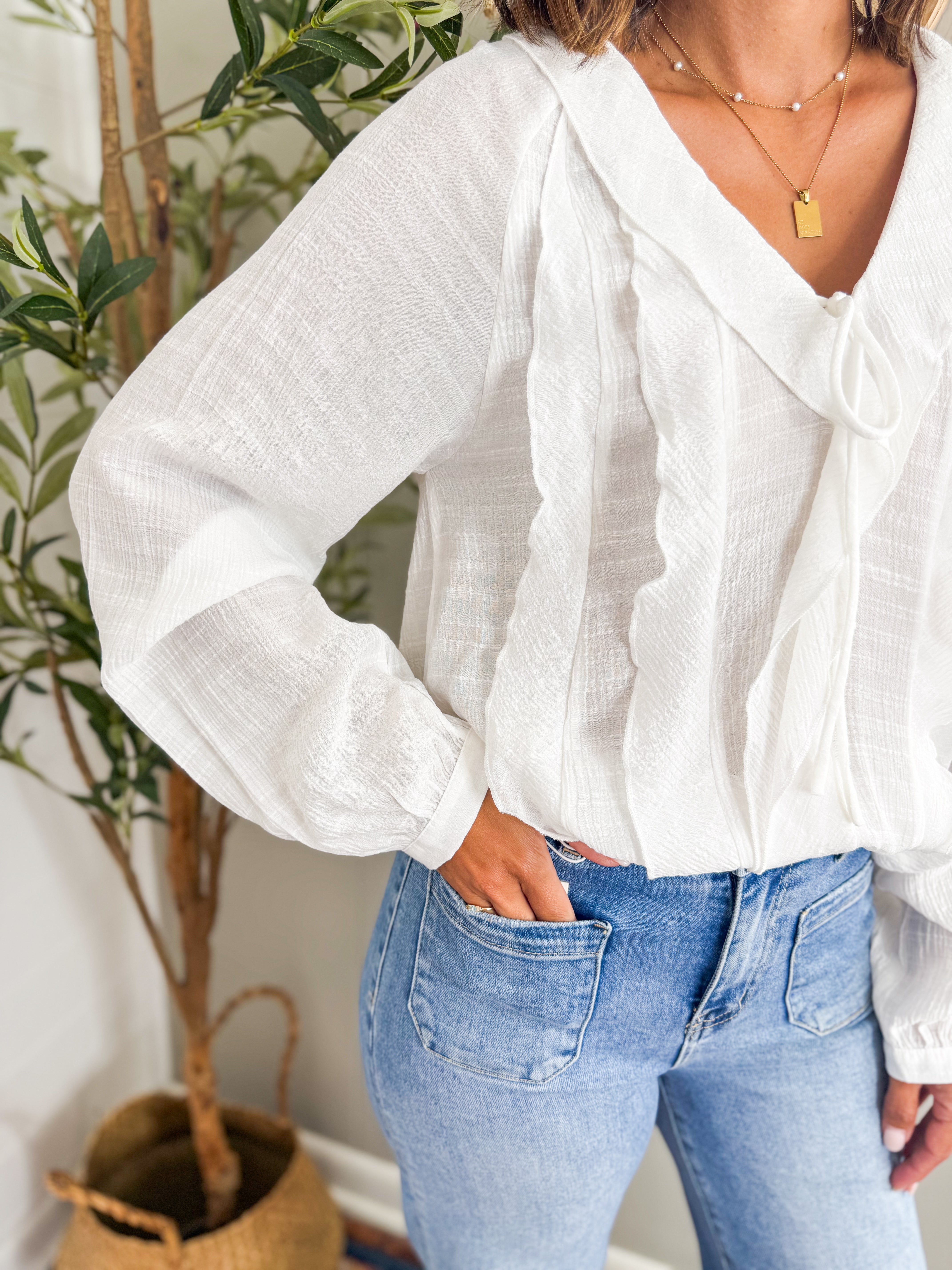 V-Neck Ruffle Front White Blouse