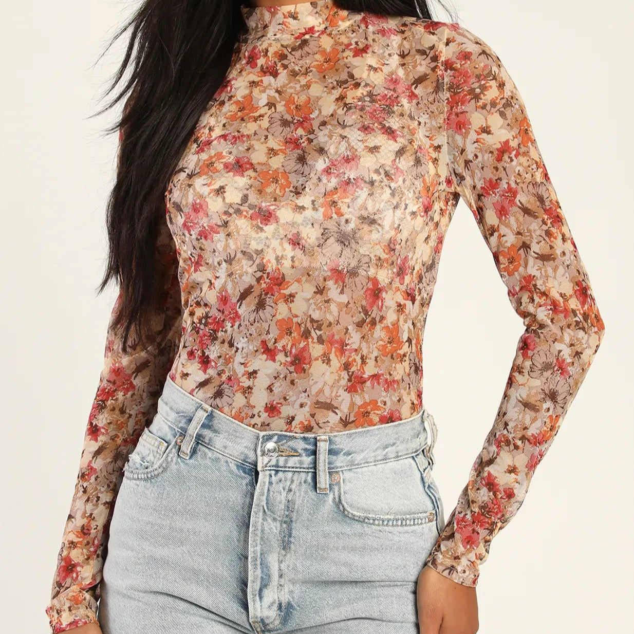 Hem & Thread Floral Print Mock Neck Long Sleeve Top Taupe