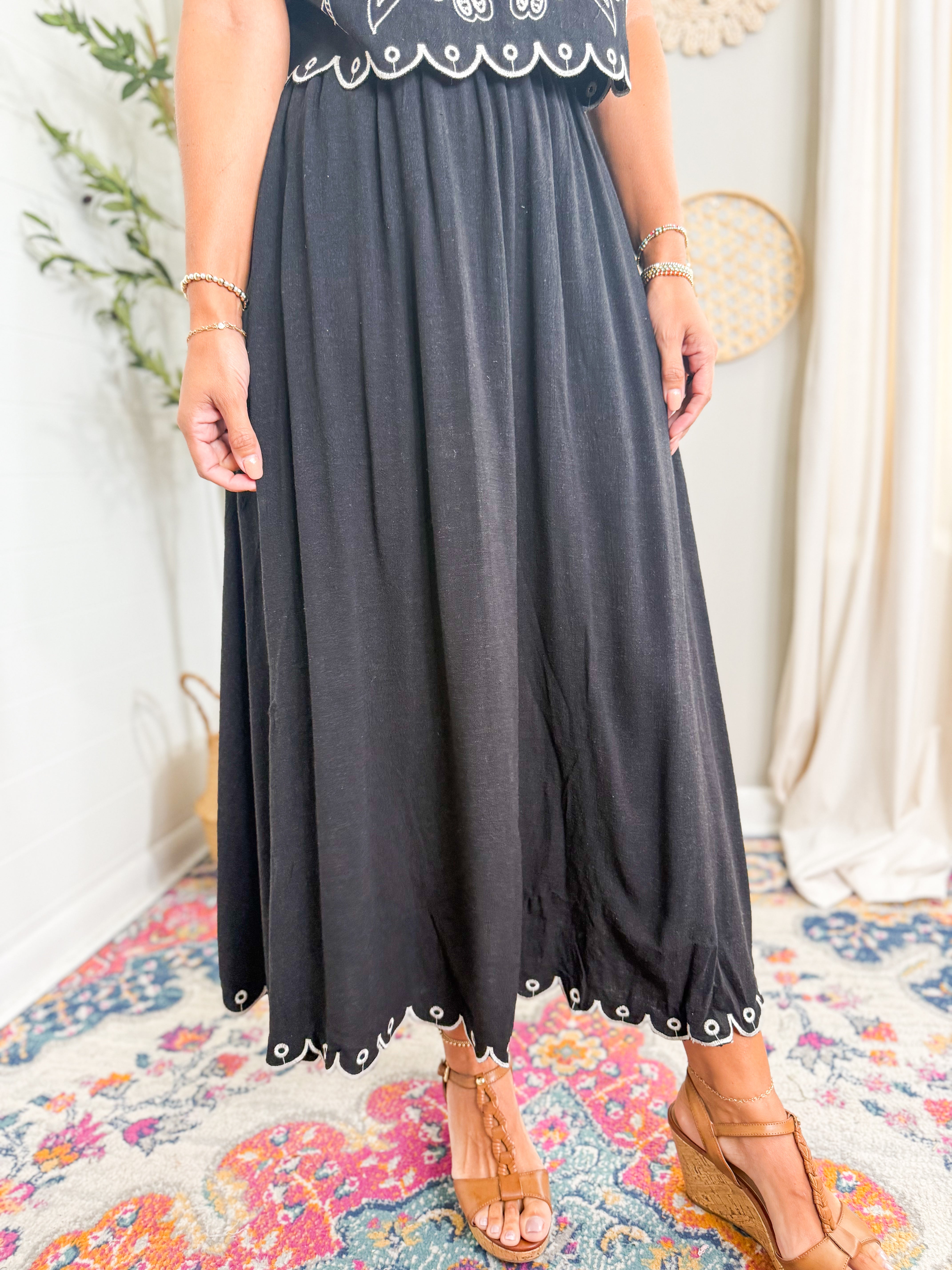 High Waist Scallop Hem Midi Skirt
