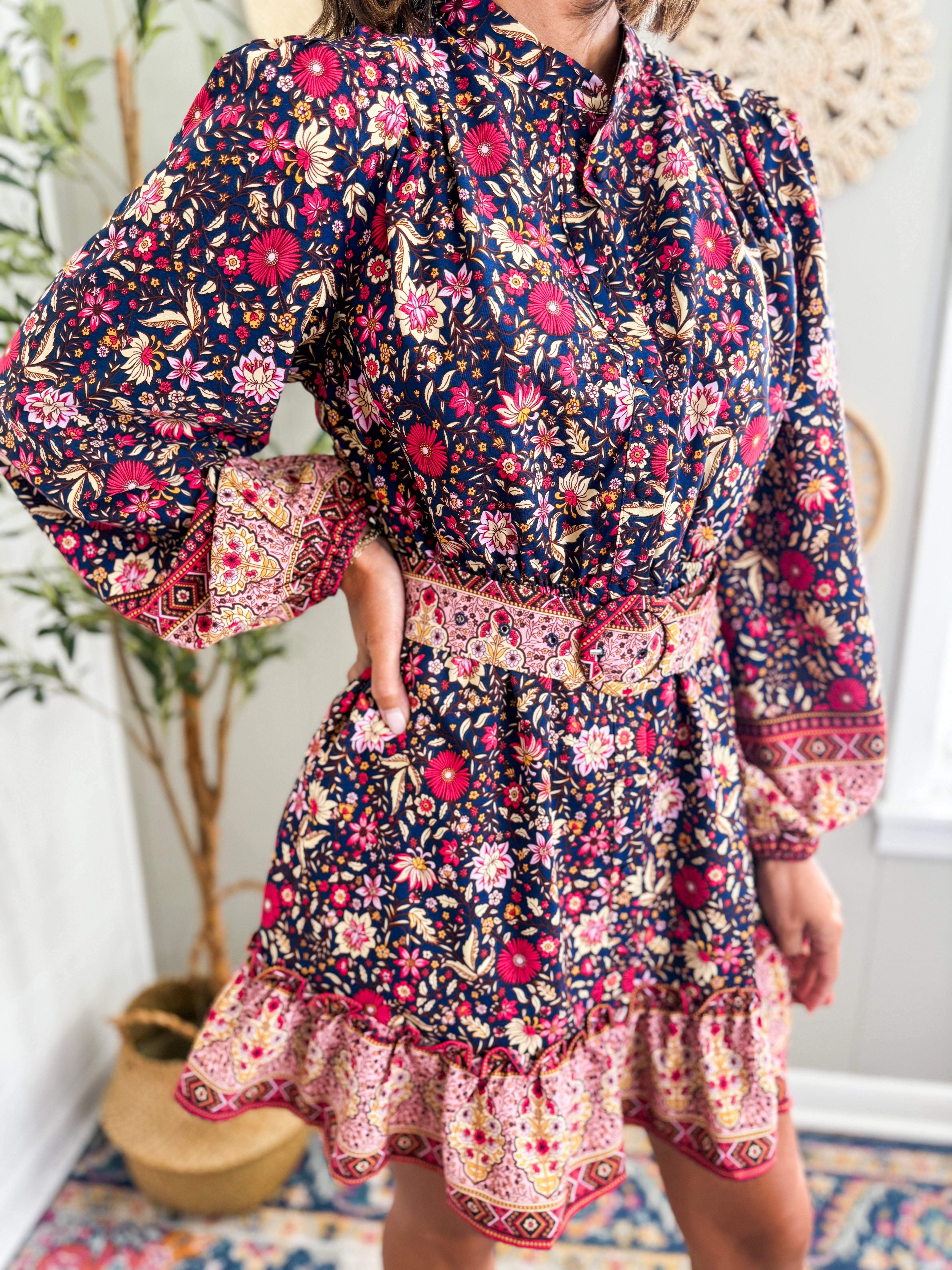 Navy Multi Print Belted Mini