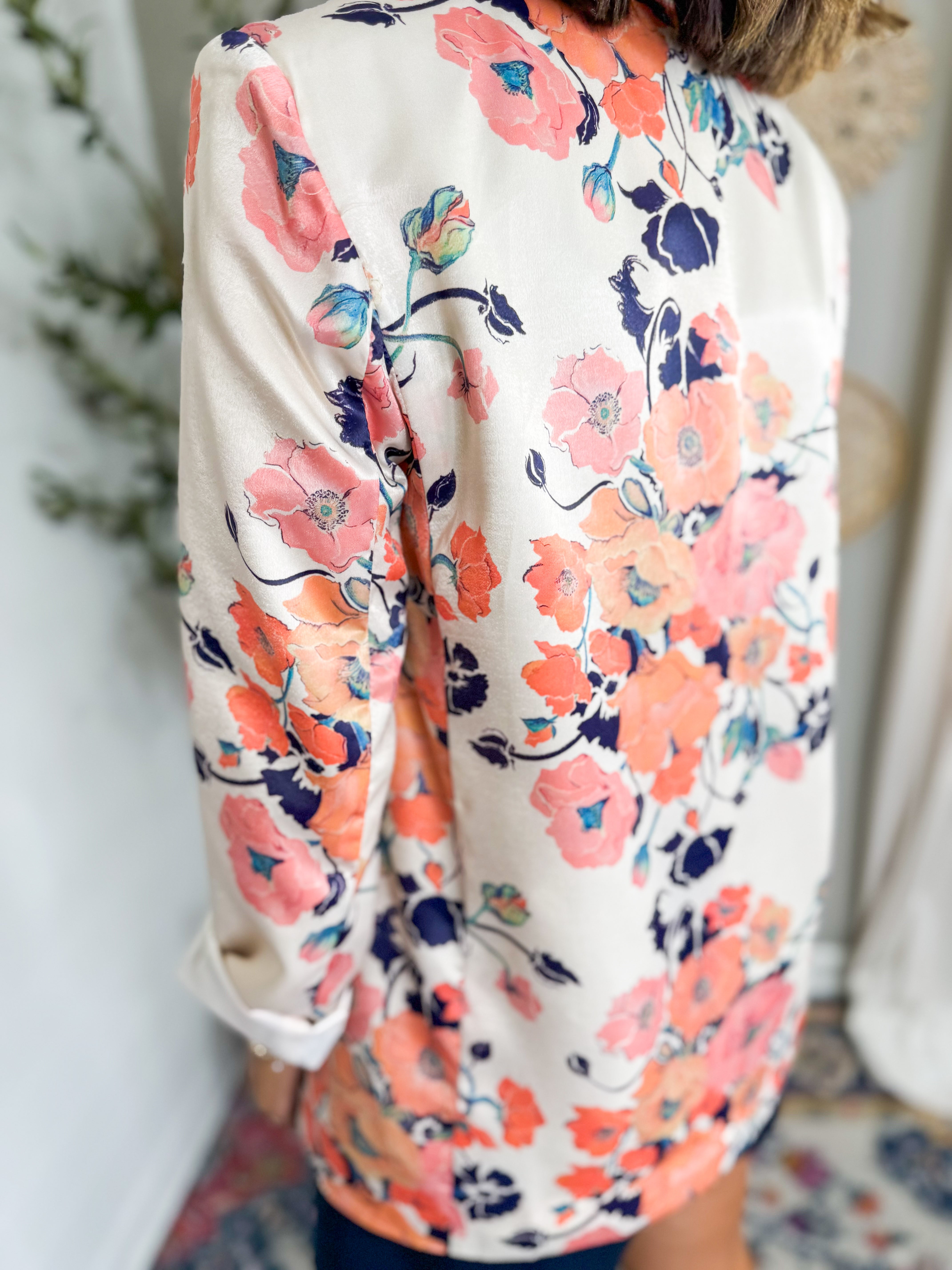 Bold Floral Print Satin Blazer