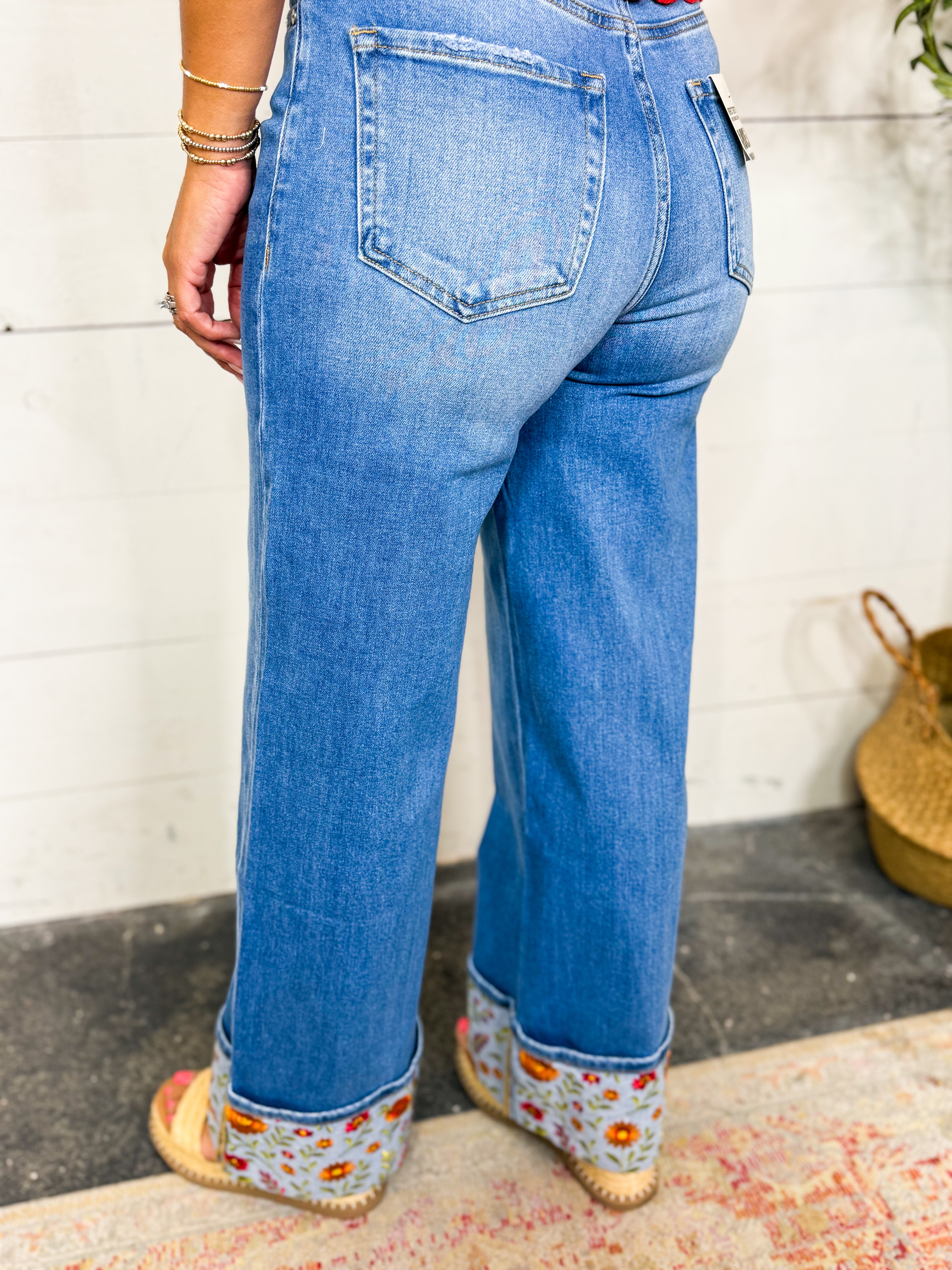 Bayeas High Rise Wide Leg Floral Cuff Jean