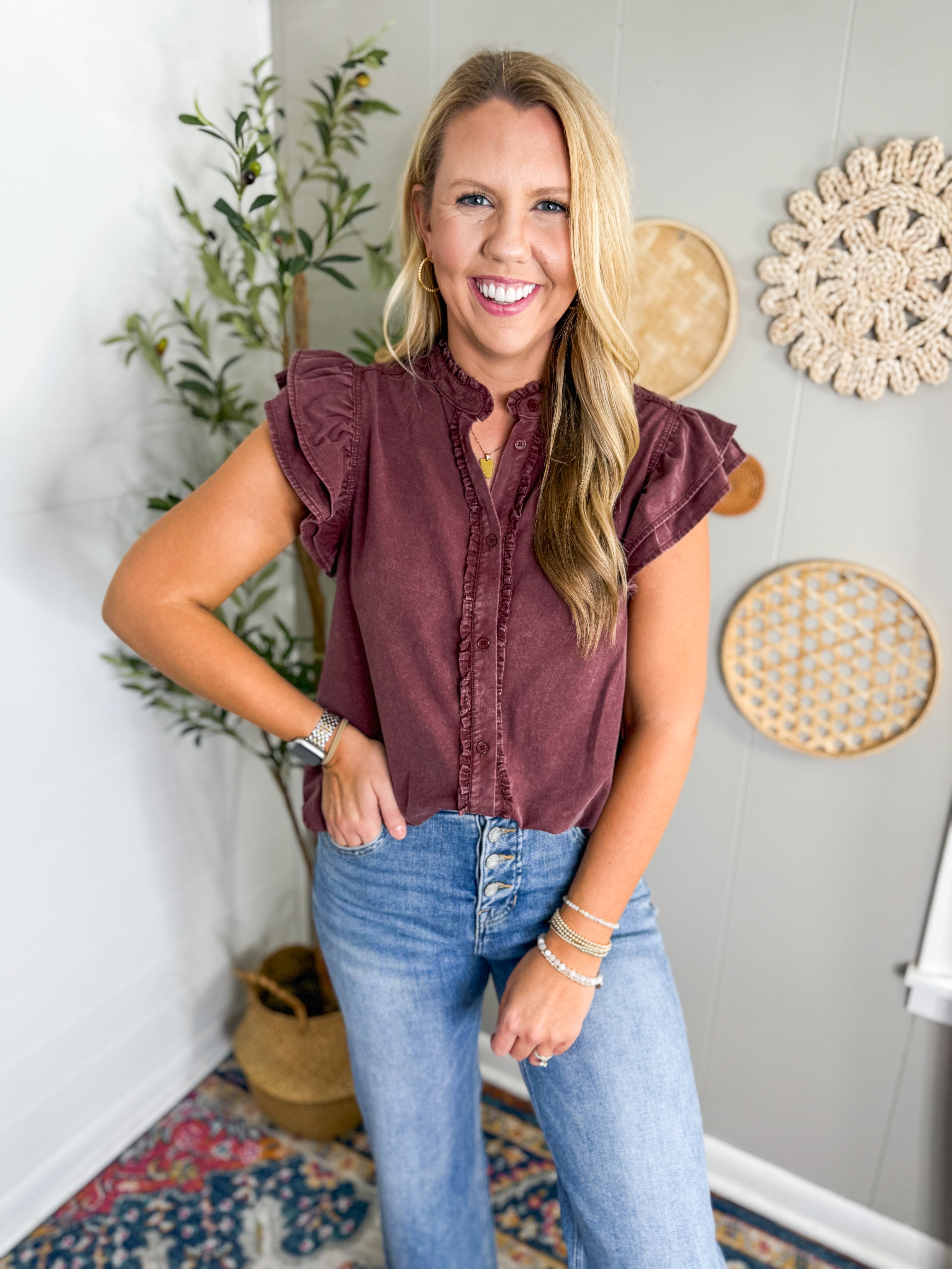 Washed Button Down Flutter Sleeve Blouse