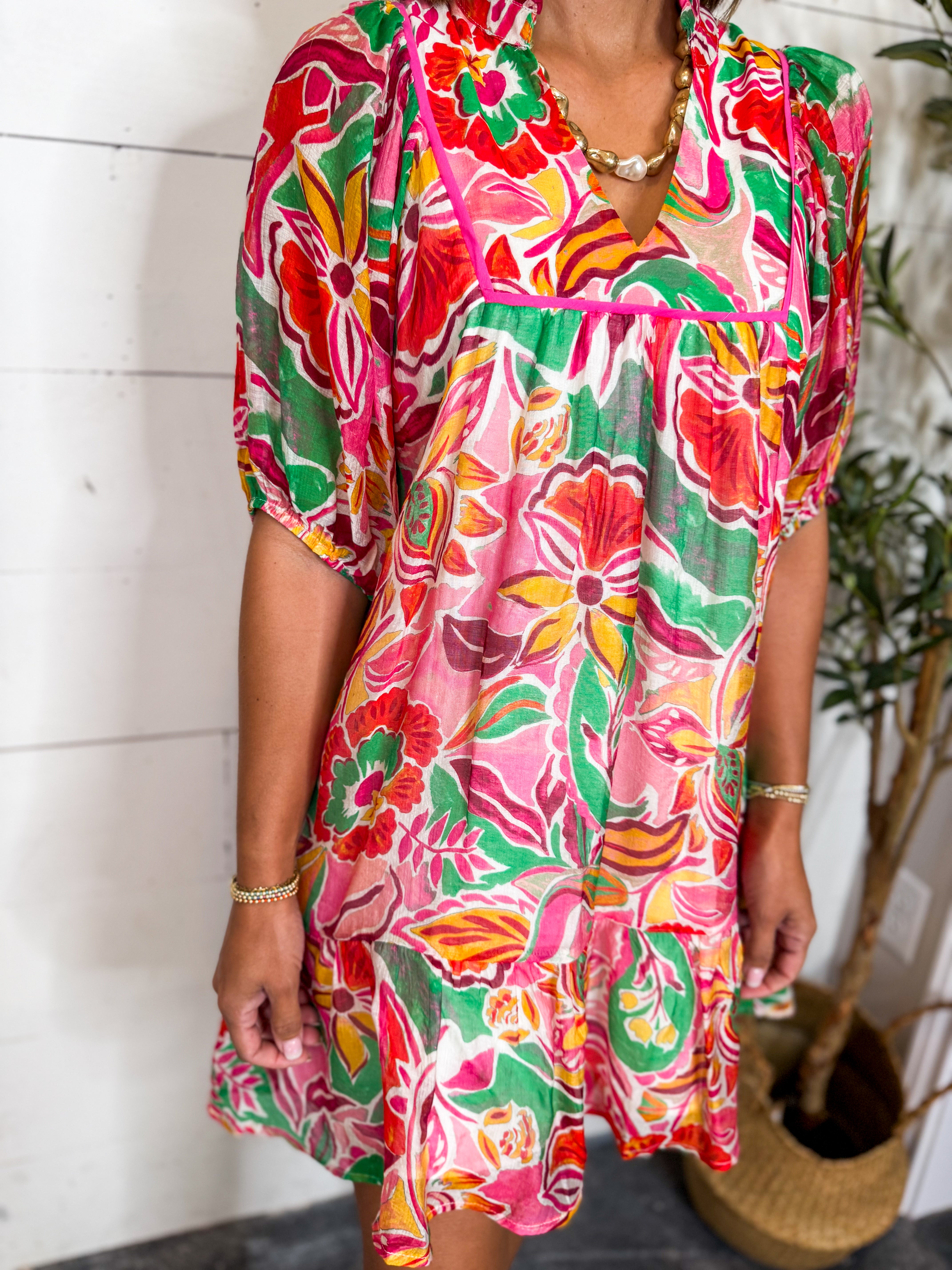 Abstract Print V-Neck Mini Babydoll Dress
