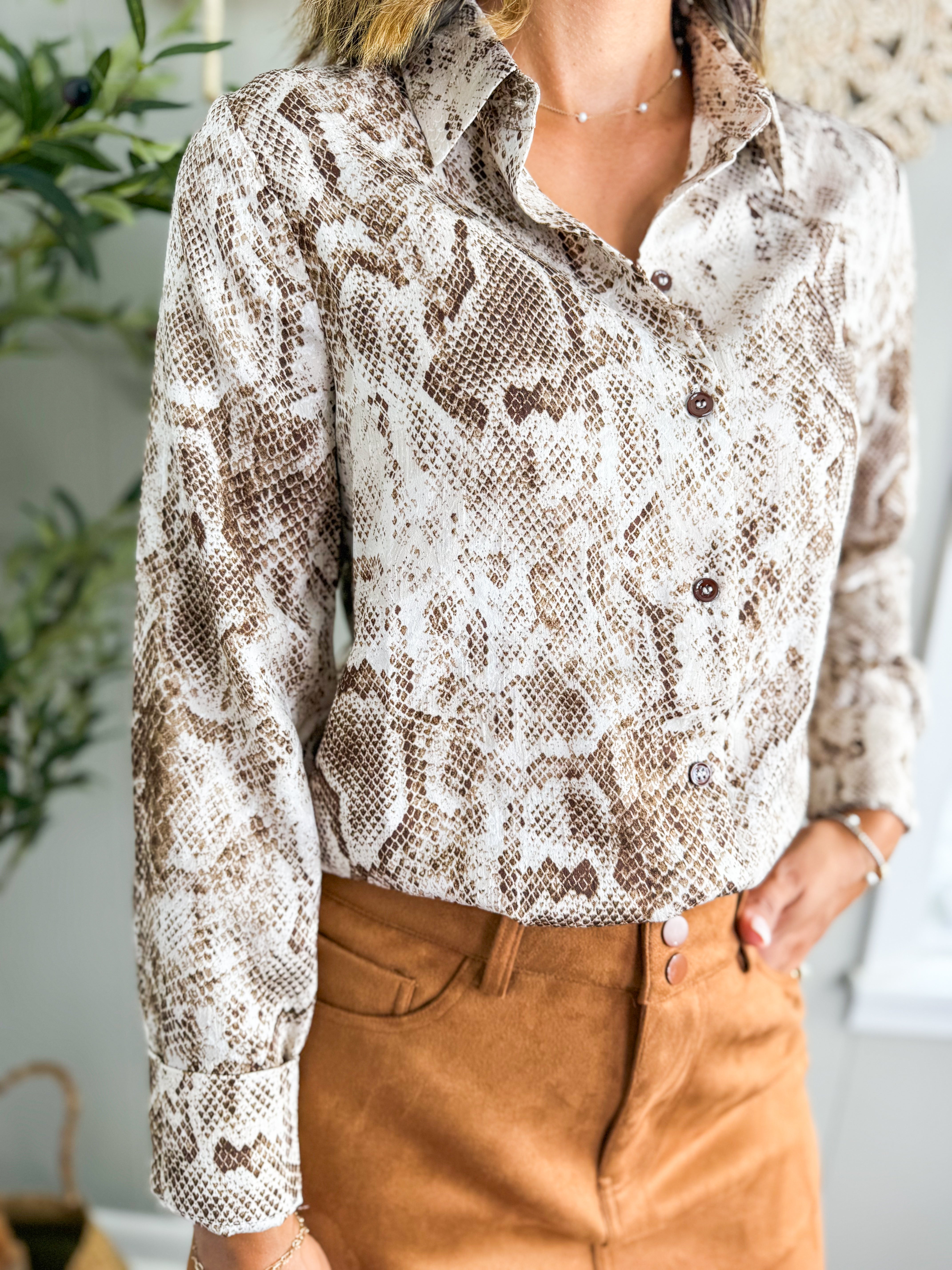 Brown Python Button Front Blouse