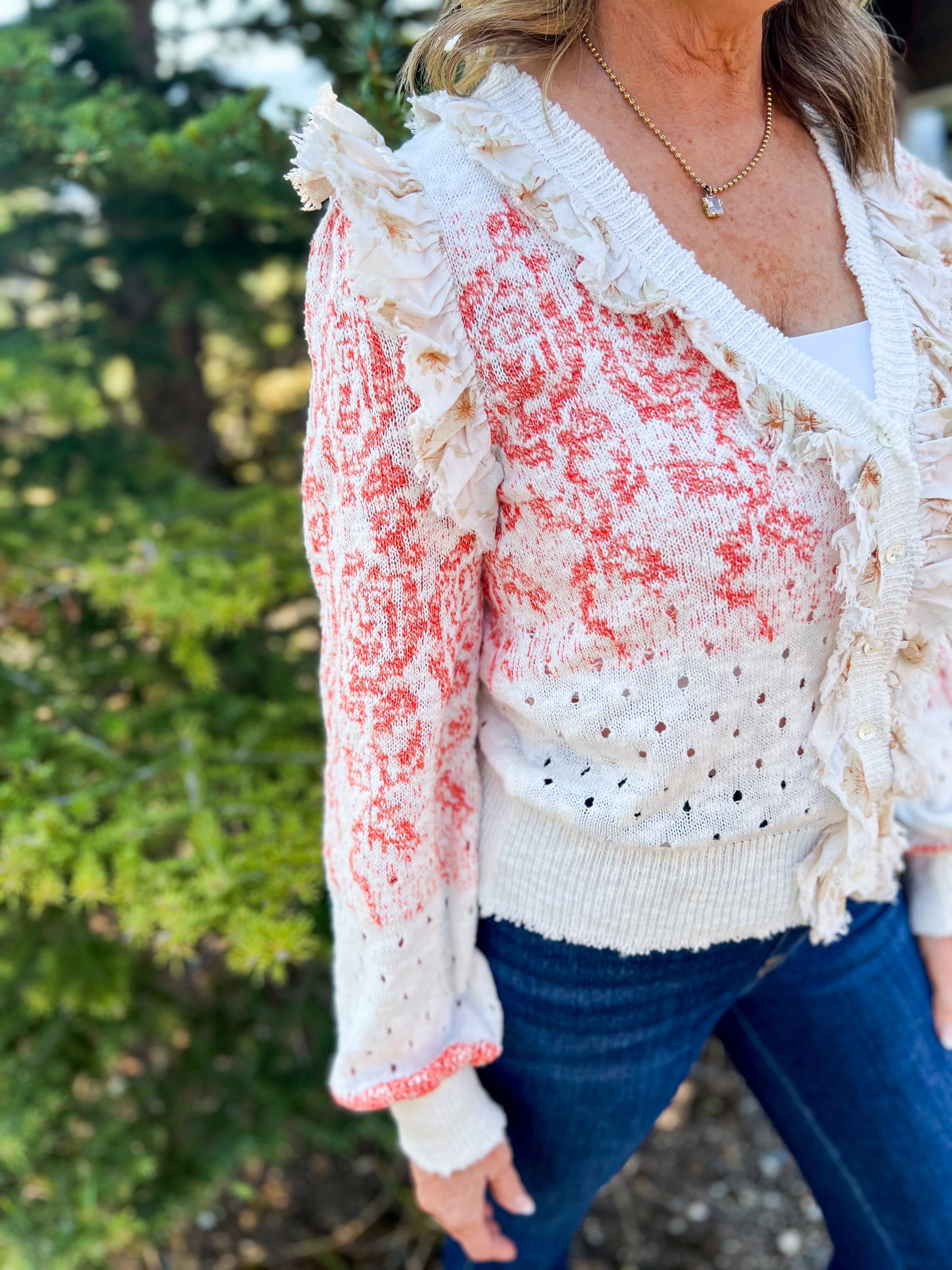 White And Coral Cardigan with Ruffle Detail