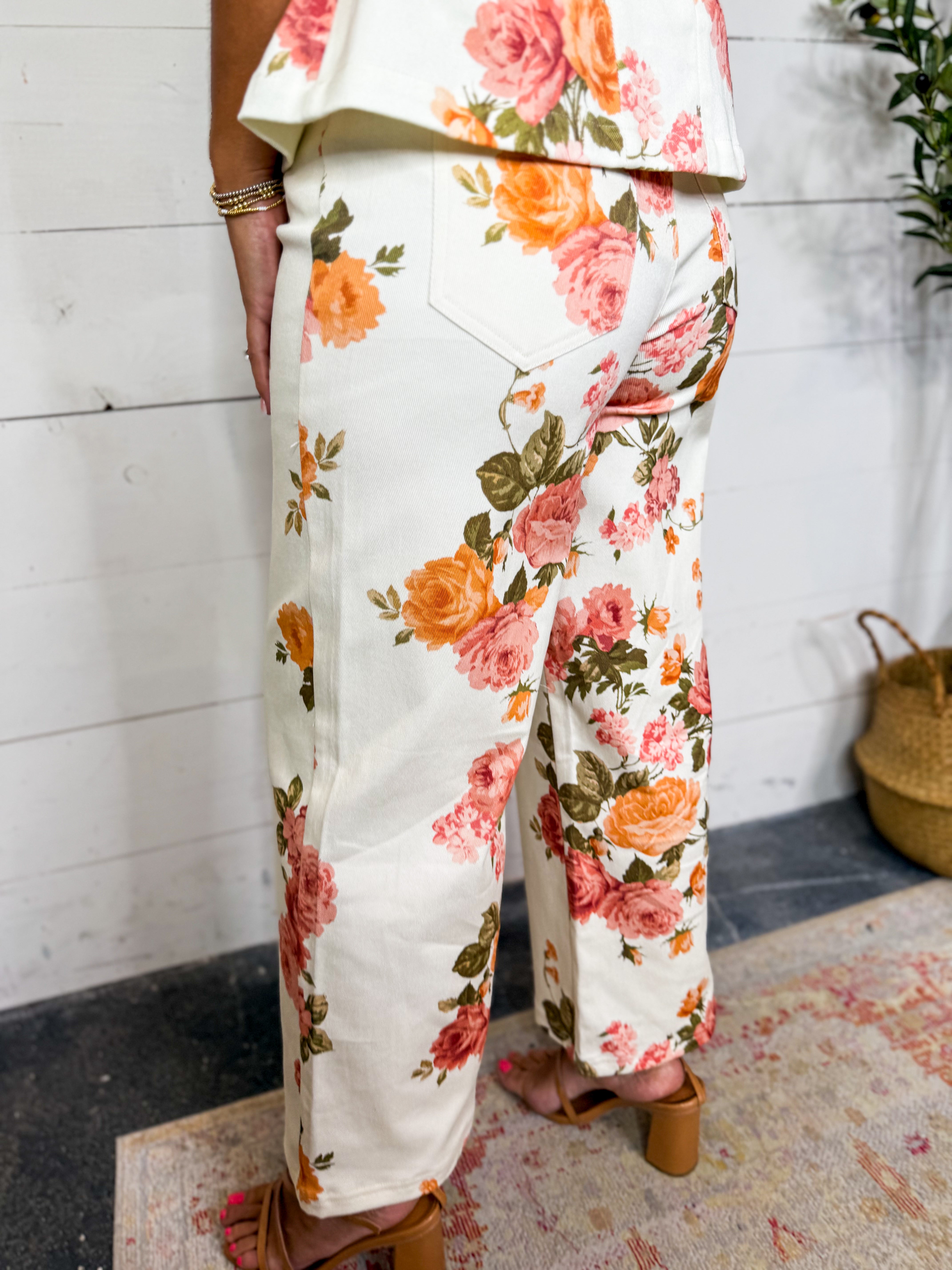 Ecru Floral Print Wide Leg Pants