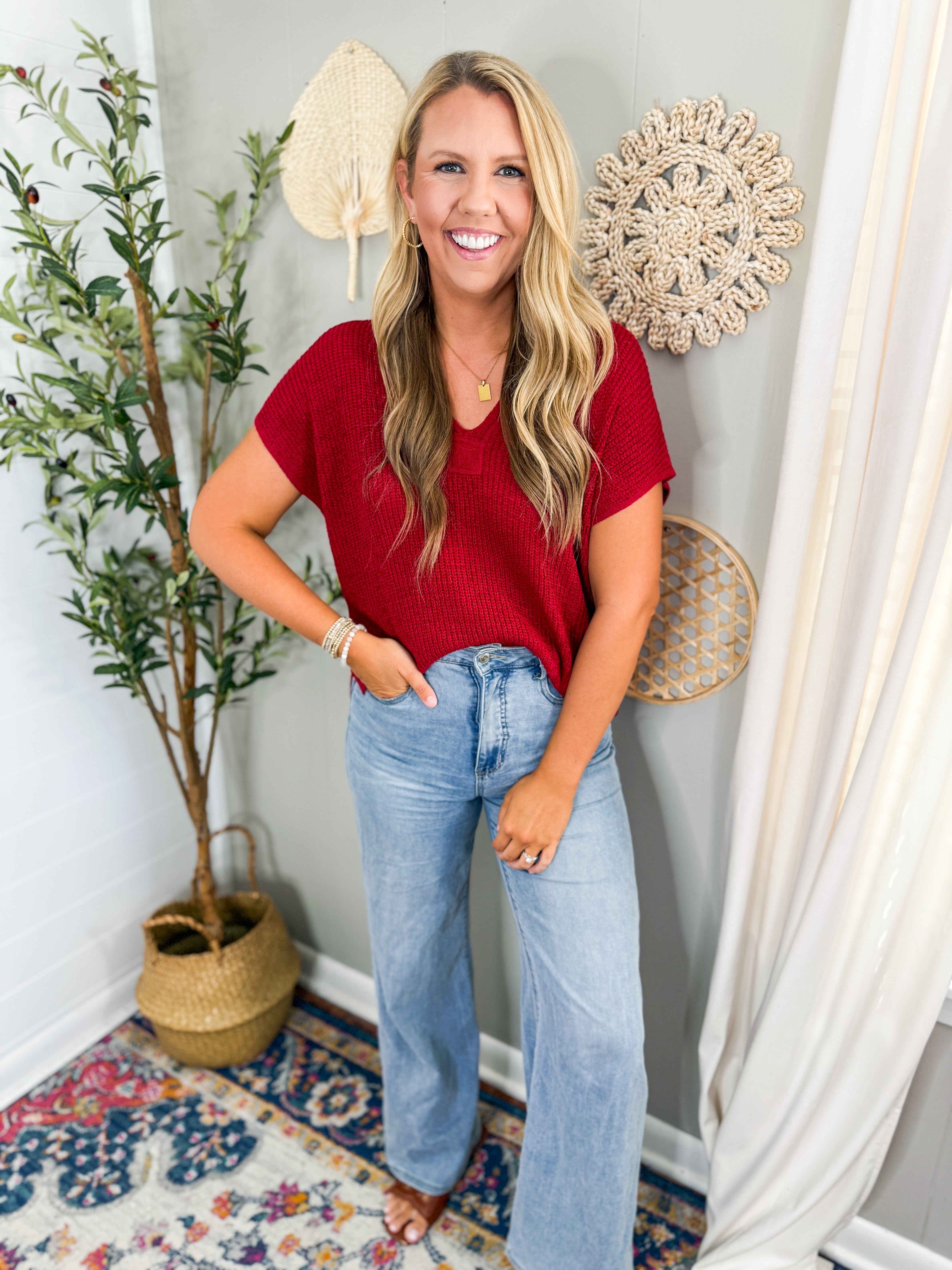 Split Neck Short Sleeve Knit Pullover