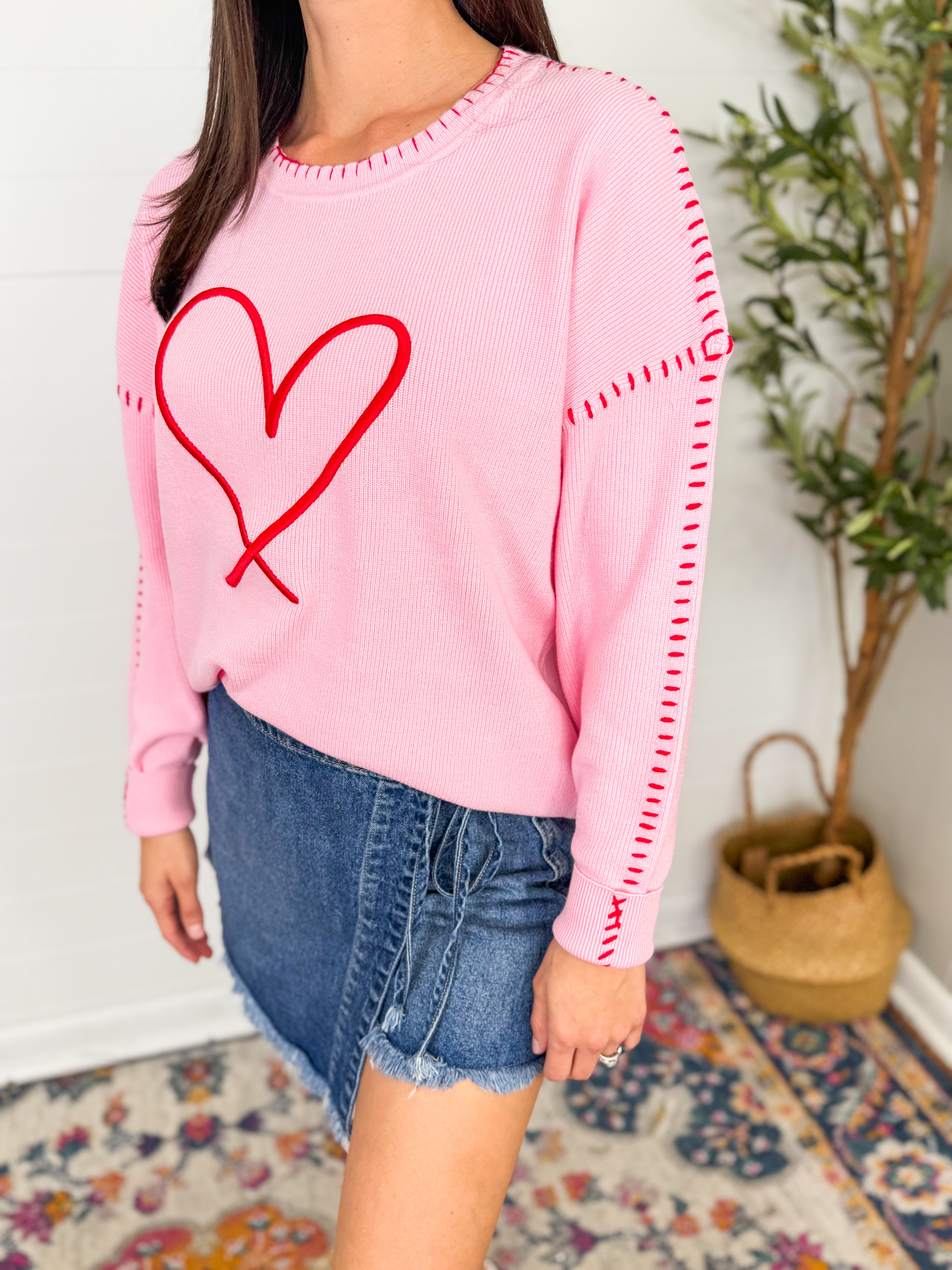 Pink Heart Embroidered Sweater