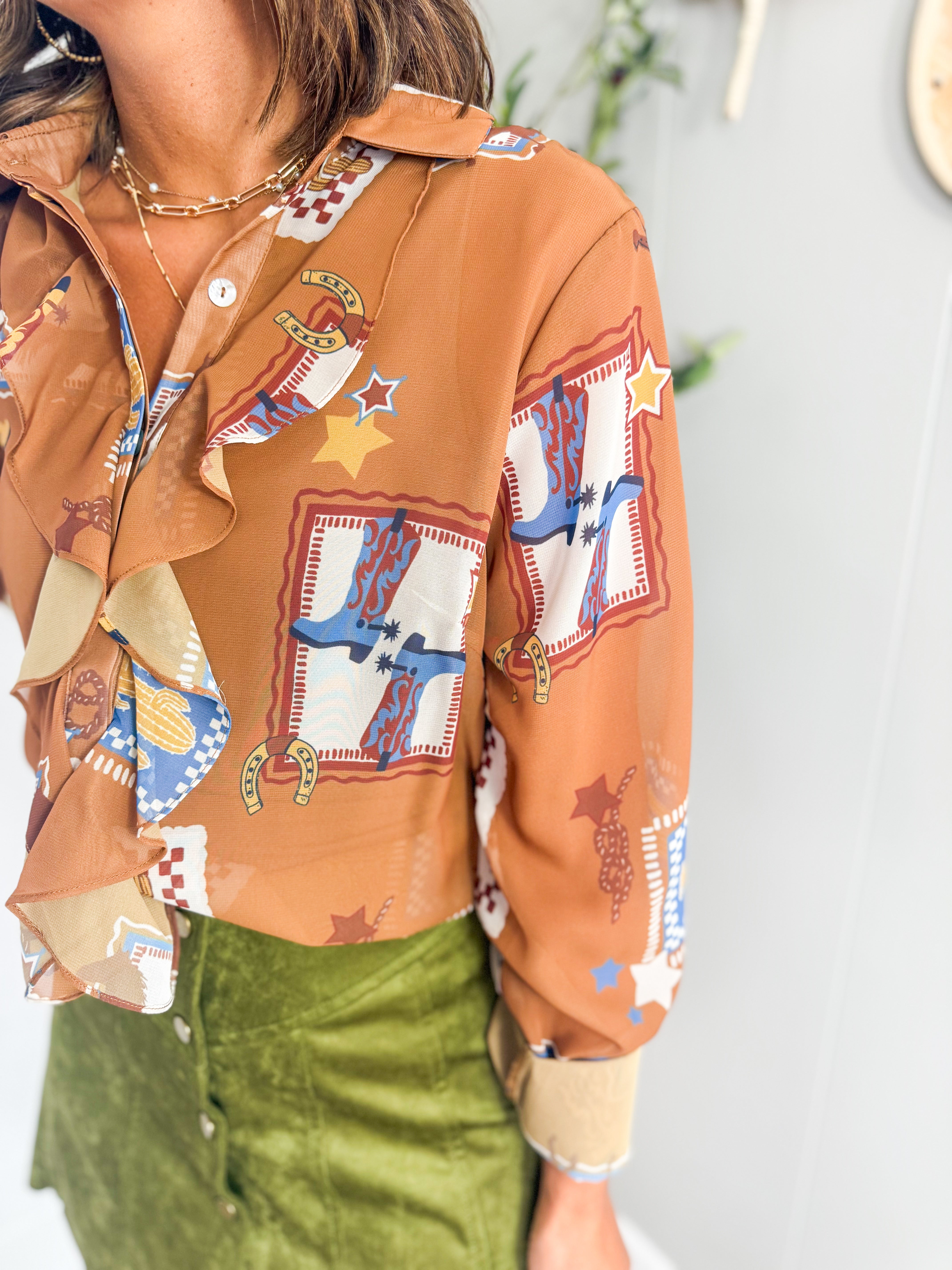 Western Print Ruffle Sheer Blouse