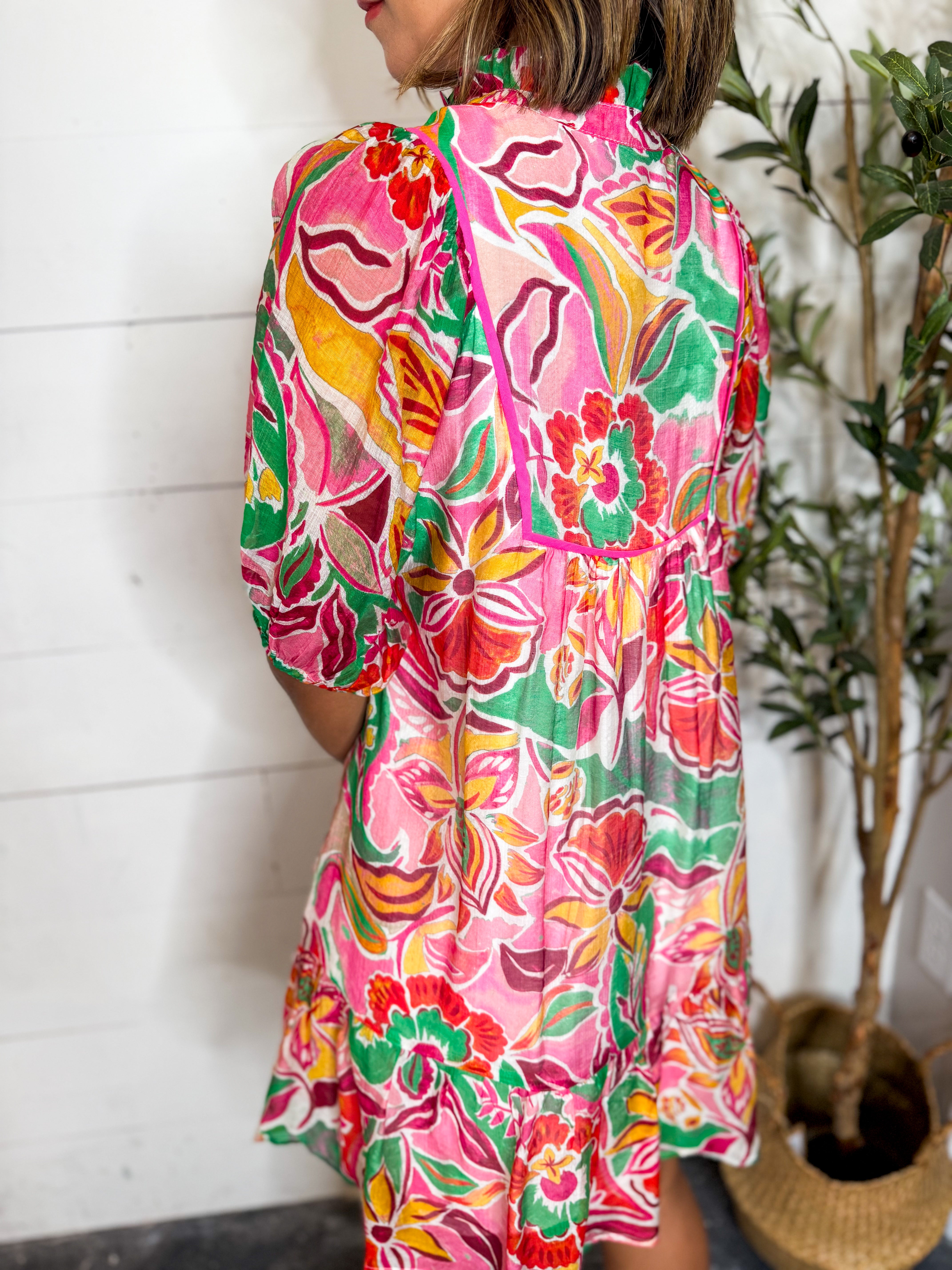 Abstract Print V-Neck Mini Babydoll Dress