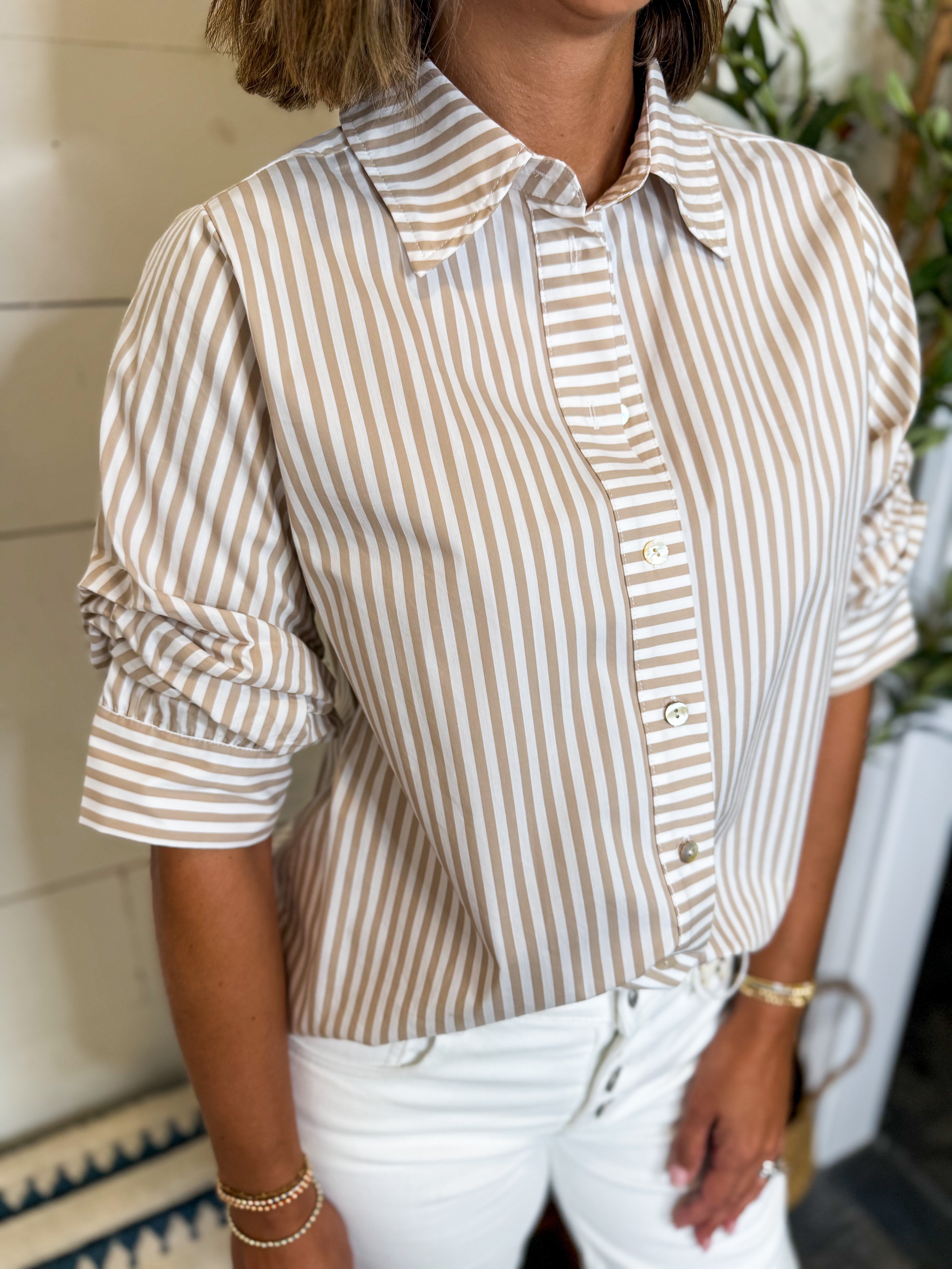 Khaki Ruched Sleeve Striped Button Down Shirt