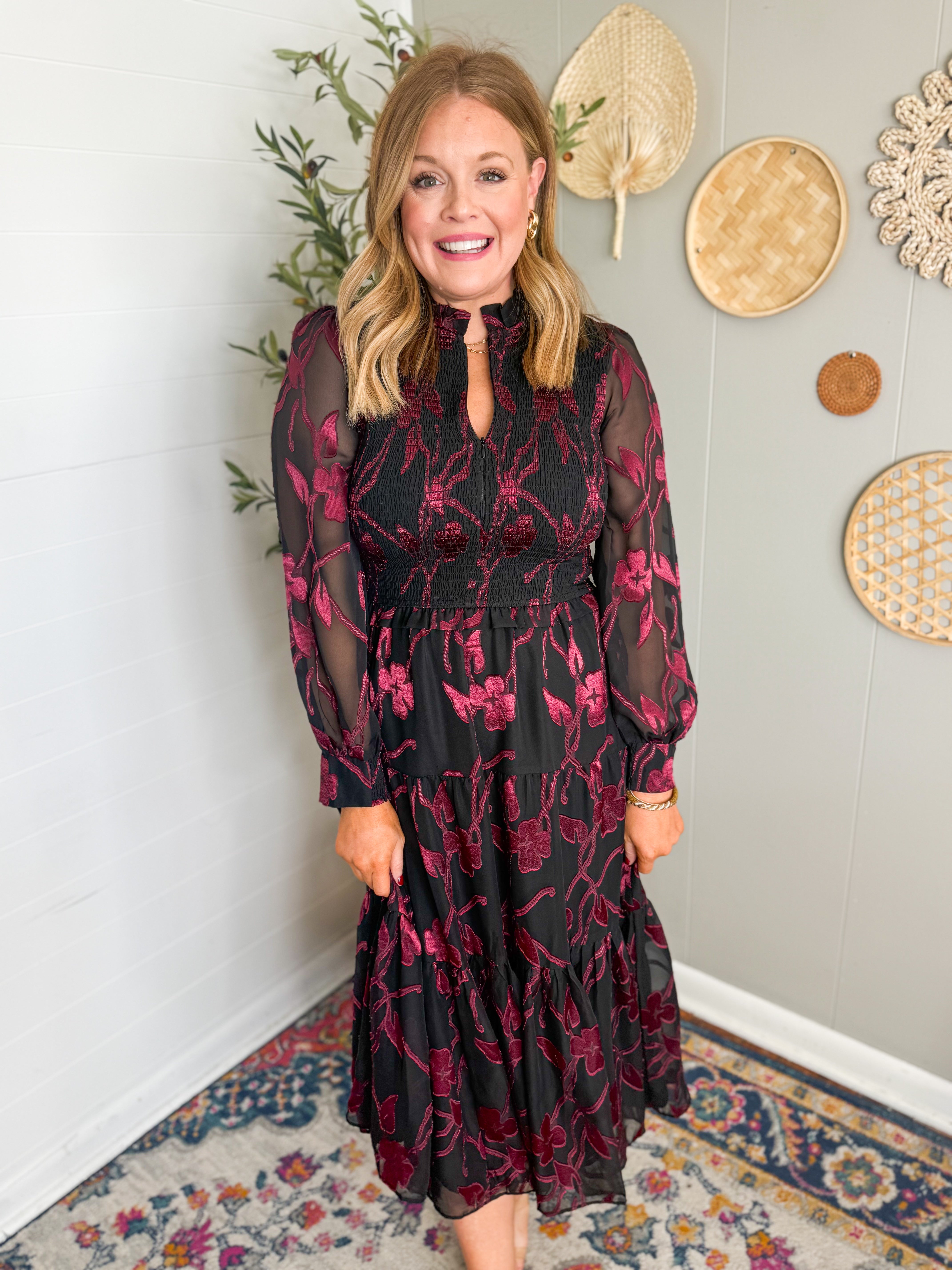 Floral Jacquard Tiered Long Dress