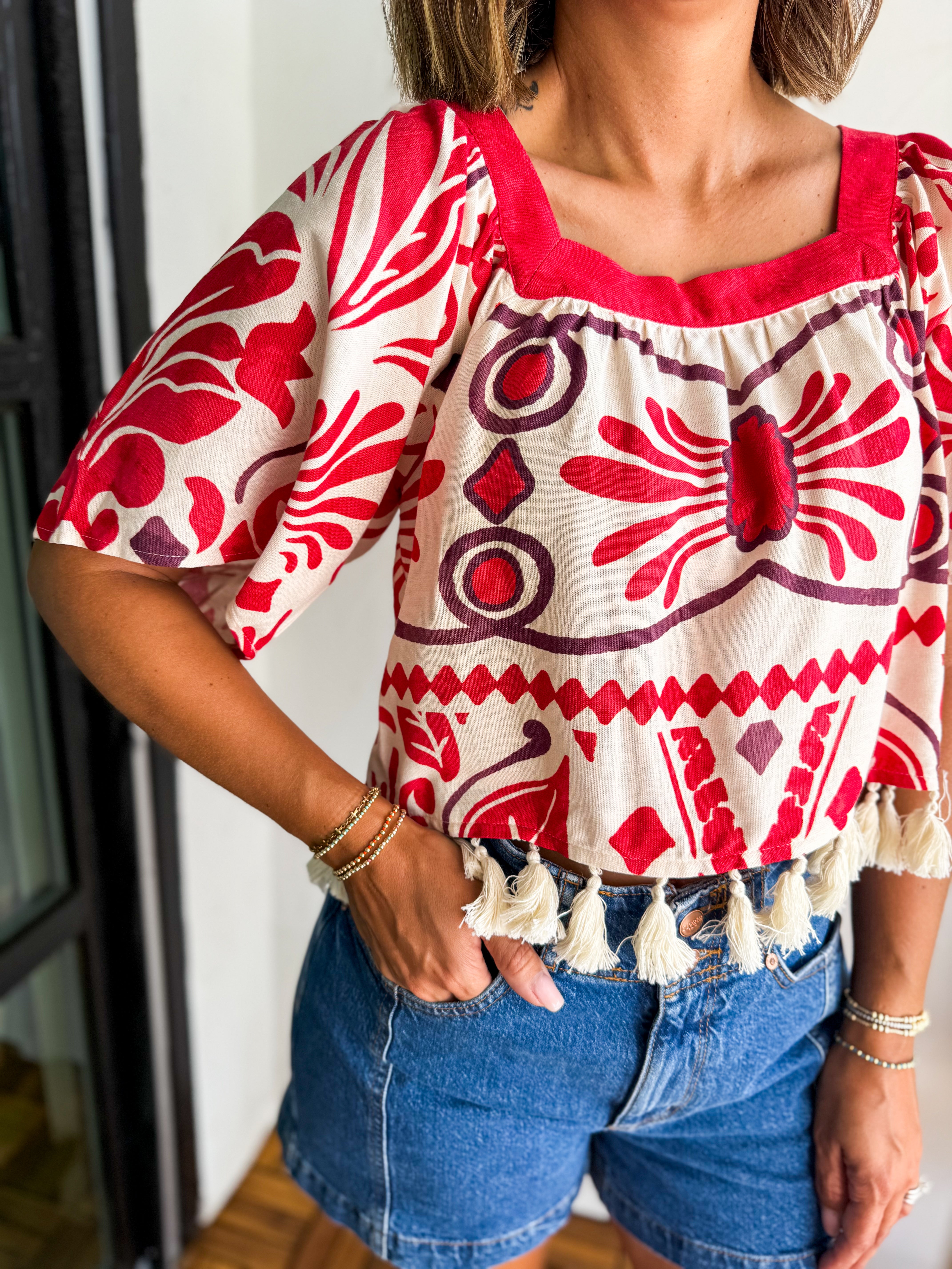 Geo & Tropical Print Linen Blend Top